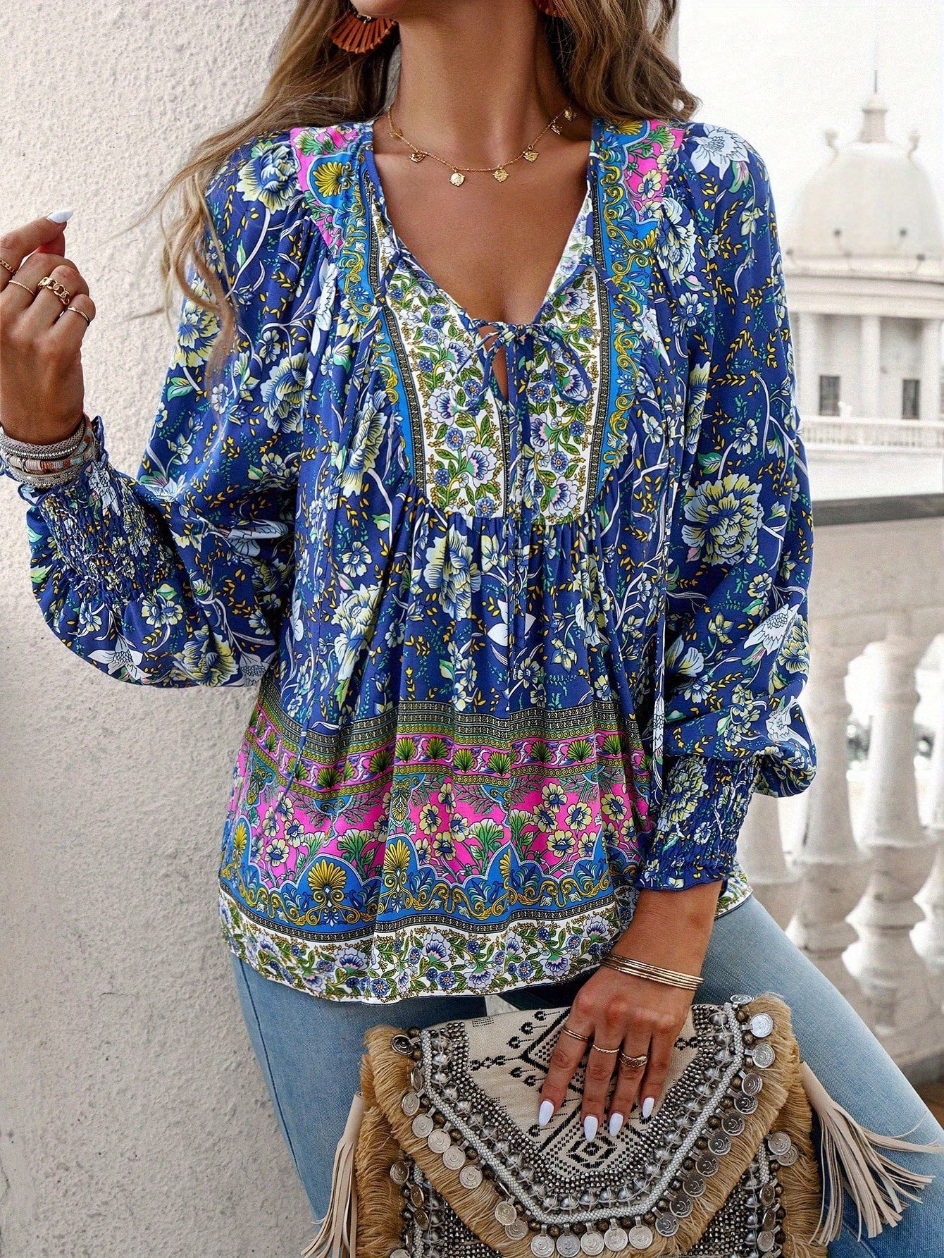 Women's Bohemian Floral Print V-Neck Long Sleeve Blouse - Elegant All-Season Top with Multicolor Blue Pink Green Purple Orange Yellow White Patterns, Lace-Up Front & Machine Washable Shirt for Beach Vacation & Casual Attire,