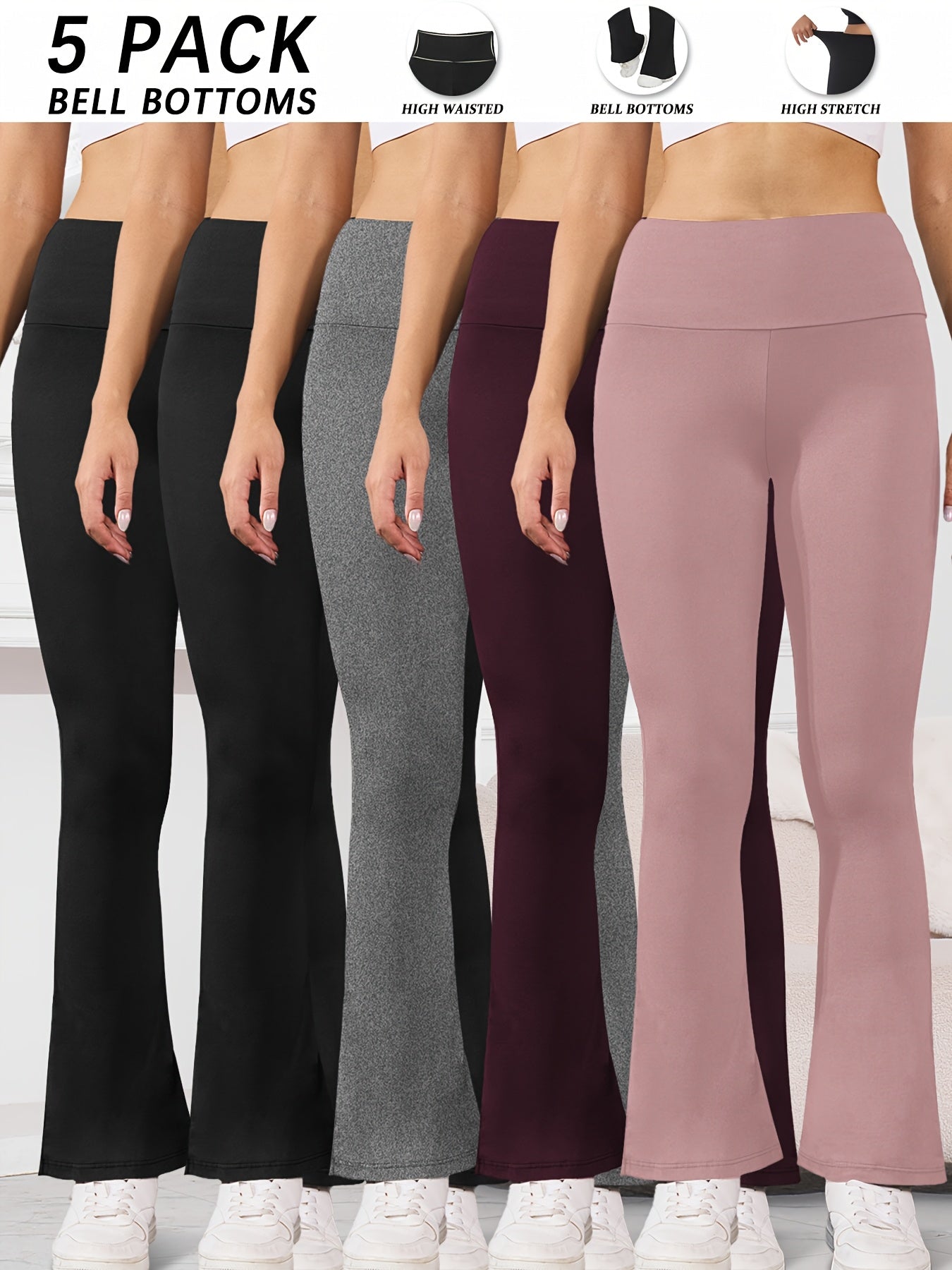 5pcs Women's Ultra-Soft High-Waist Flare Leggings - Tummy Control, Stretchy Bootcut Pants for Cycling & Sports, Available in 2 Colors