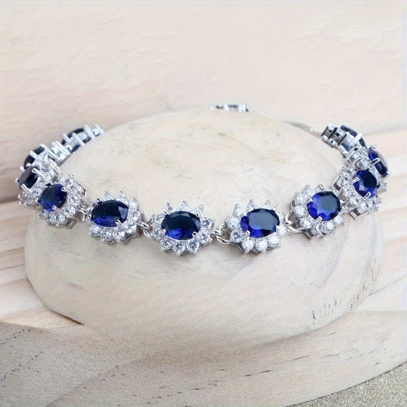 5pcs/ set Blue Copper Inlaid Synthetic Zirconia Women's Earrings + Adjustable Open Ring + Necklace + Bracelet Wedding Jewelry Set, Classic and Elegant Valentine's Day and Mother's Day Gift