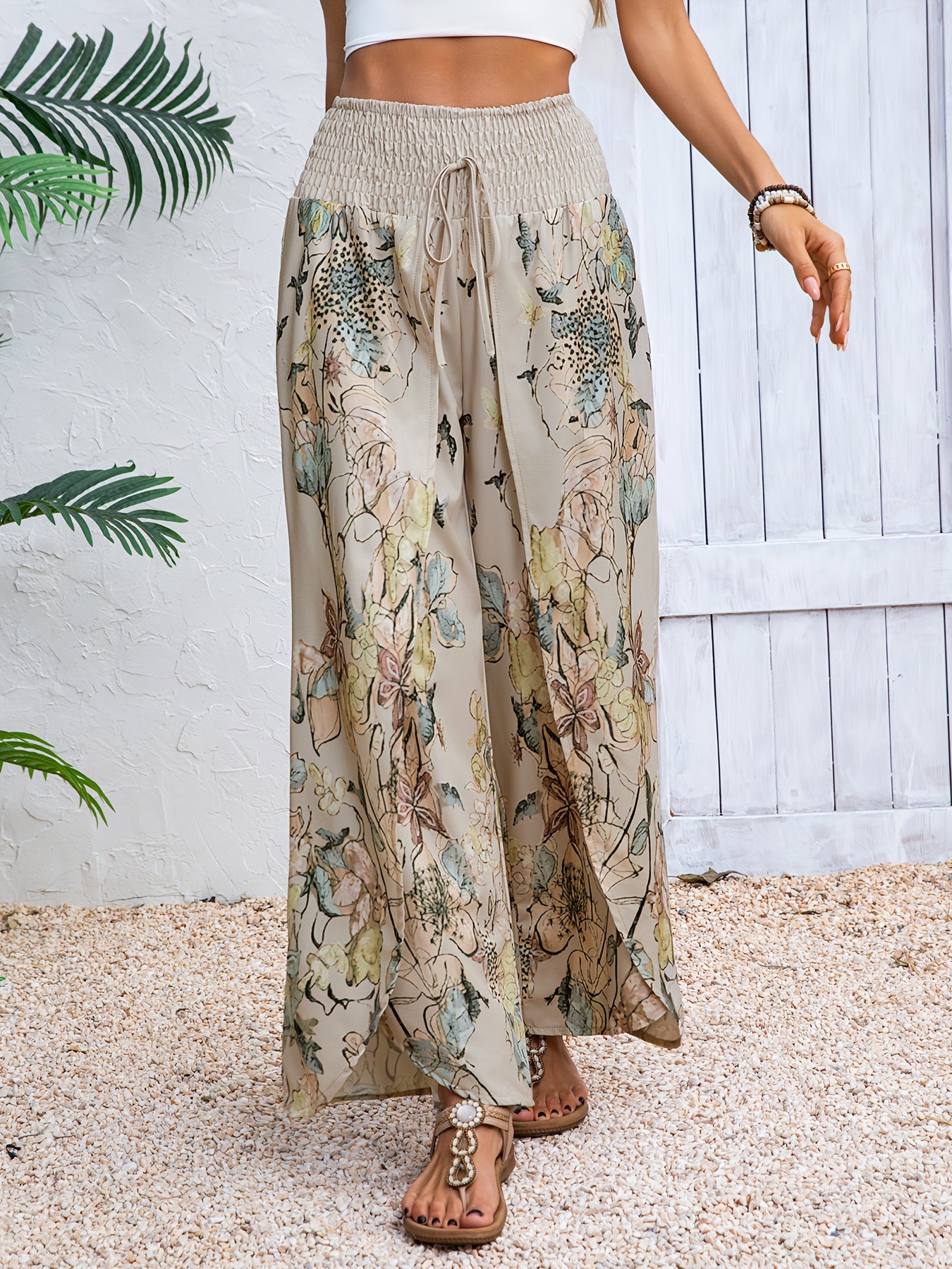 Women'S Floral Print Wide-Leg Pants - Beige/ Green/ Brown/ Black/ White/ - Lightweight Non-Transparent Trousers for Casual & Formal Outfits - Everyday & Special Events - Spring/Fall Seasonal Pants, Spring Fall Attire, Relaxed