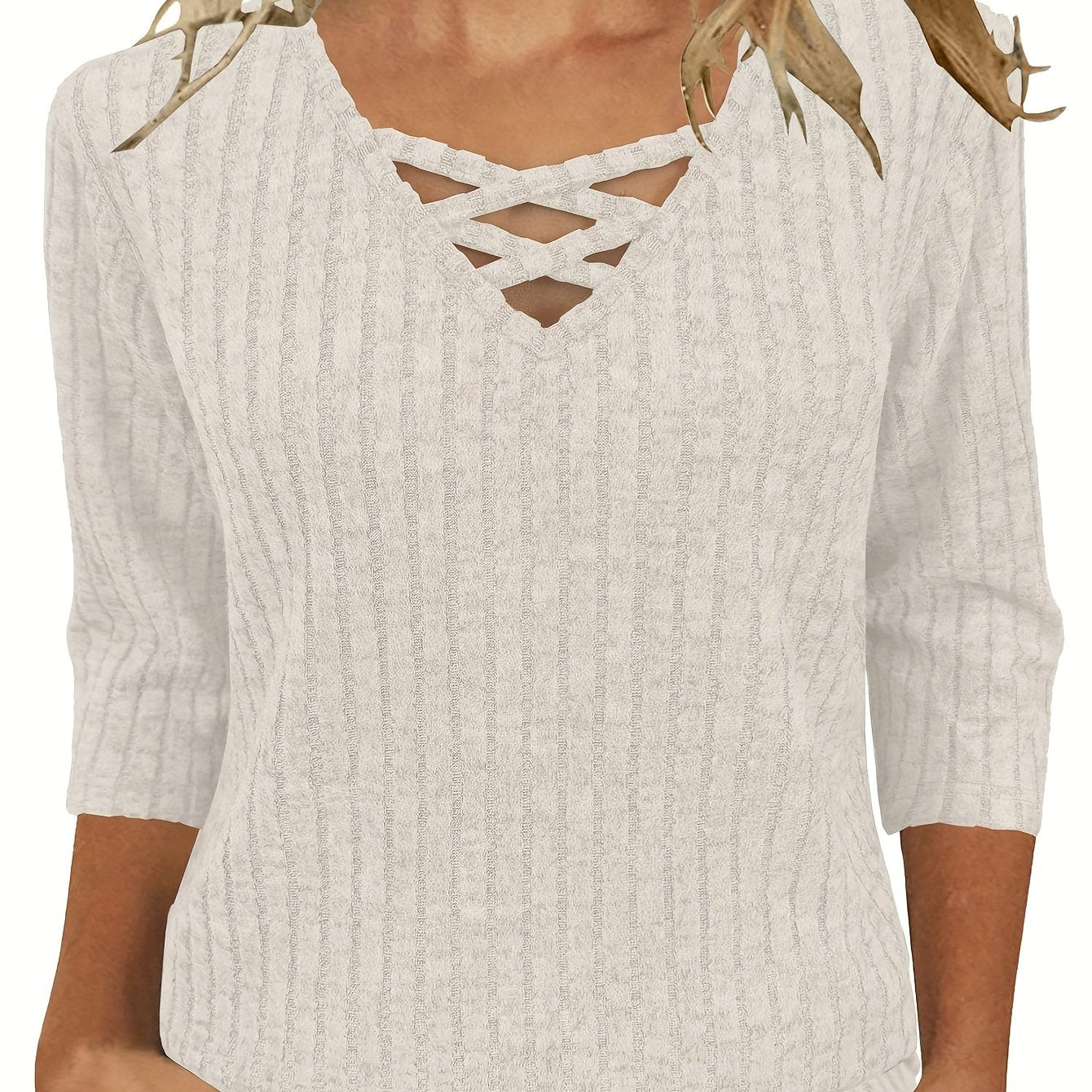 Women'S Casual 3/4 Sleeve V-Neck Top - Lightweight Loose Fit Pullover Shirt with Crisscross Front Detail, All-Season Comfort, Solid Color, Versatile for Casual Attire & Layering, Relaxed Outfit, Stylish Pullover, Quality Stit