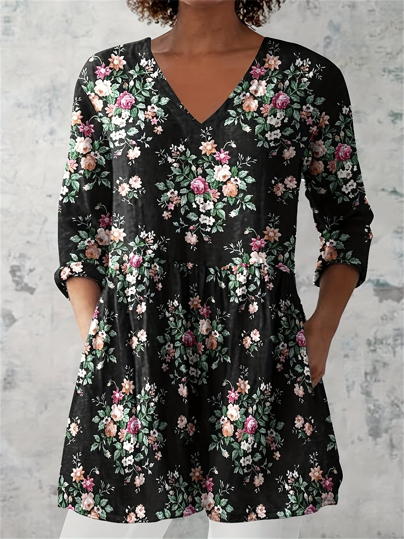Women's Retro Floral Print Casual And V-neck Top, Loose Casual Mature Style