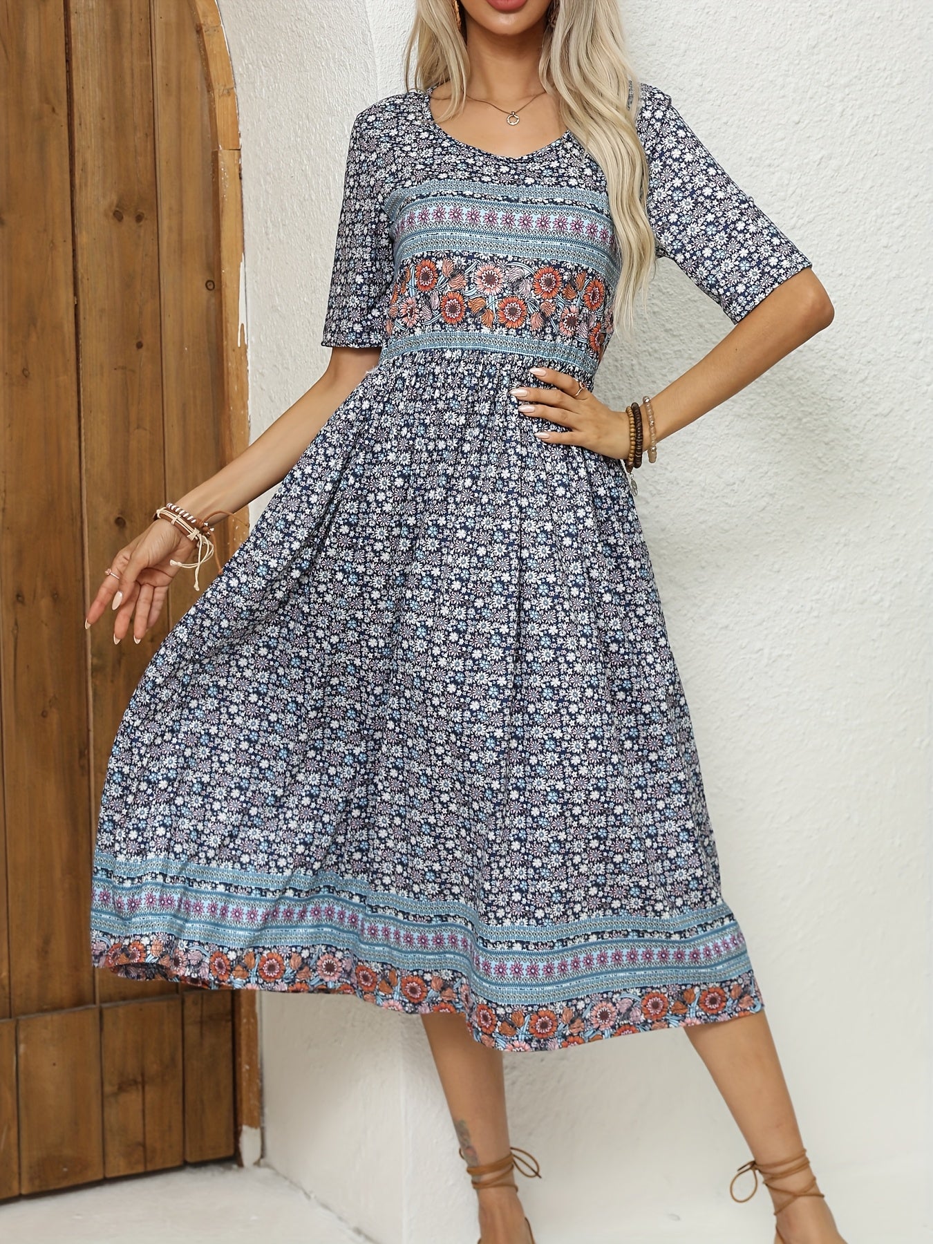 2025 Women'S Summer Floor-length Skirt Crewneck Short Sleeve Classic Paisley Print Skirt Casual Pleated Skirt With Pockets