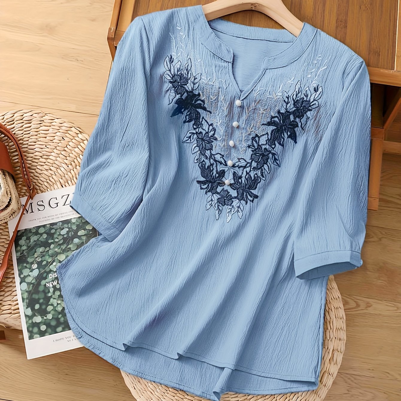 Women'S Elegant Floral blouse - Light Blue V-Neck Blouse with Floral pattern, Three-fourth Sleeve Non-See-Through Shirt for Office, Wedding, Party - Spring/Fall/Summer Everyday & Formal Tops, Floral Print Blouse, Seasonal Fas