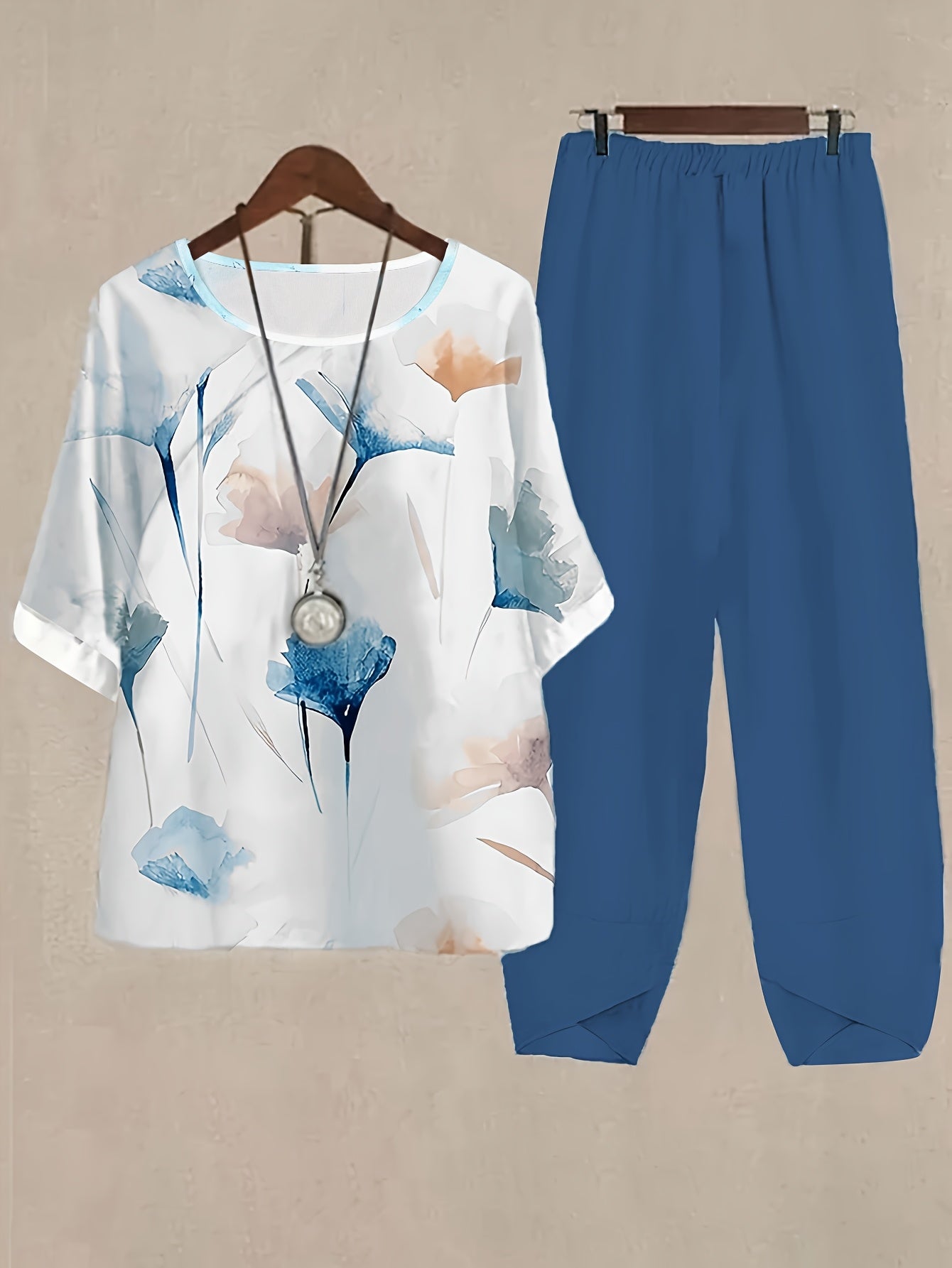 Women'S Floral Print Loose-Fit Casual Pants - Round Neck, Short Sleeve, Lightweight Polyester, Perfect for Spring & Summer Outings, Relaxed Fit Pants | Floral Print Pants | Comfortable Wear