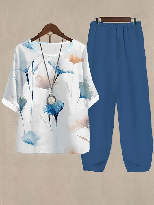 Women'S Floral Print Loose-Fit Casual Pants - Round Neck, Short Sleeve, Lightweight Polyester, Perfect for Spring & Summer Outings, Relaxed Fit Pants | Floral Print Pants | Comfortable Wear