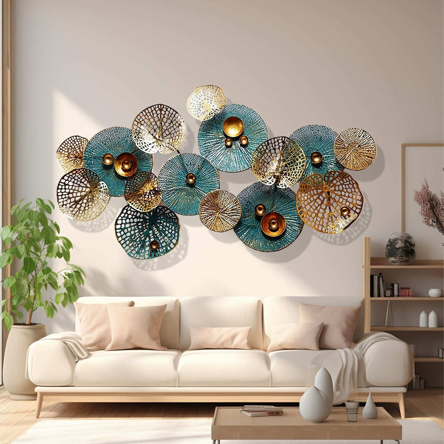 Boho Style Metal Wall Art, 3D Floral Sculpture, Self-Adhesive Glitter Flower Wall Decor, Reusable Multi-Surface Leaf Pattern, Shimmery Finish, with No Battery Required for Living Room, Bedroom, Kitchen