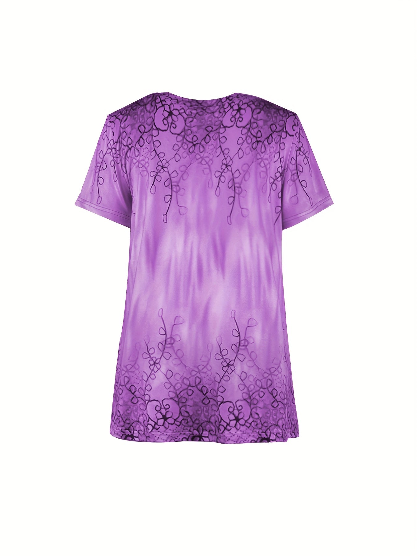 An Elegant Women'S Outfit Featuring a Botanical Print V-Neck Top with Short Sleeves, Paired with a Solid Two-Piece Set of Shorts.