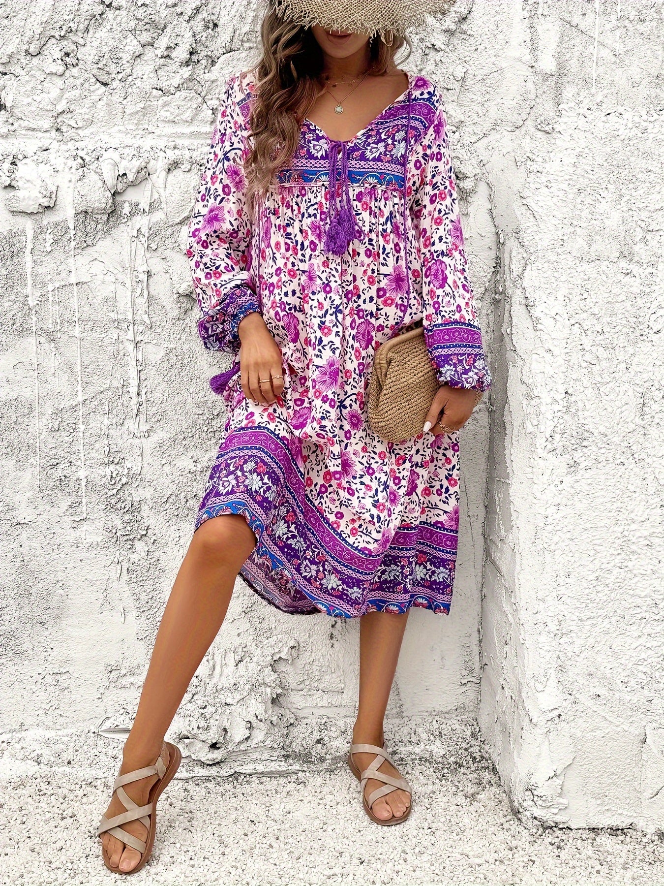 ZAFUL Women's Casual Loose Bohemian Tassel Print Long Sleeve Dress