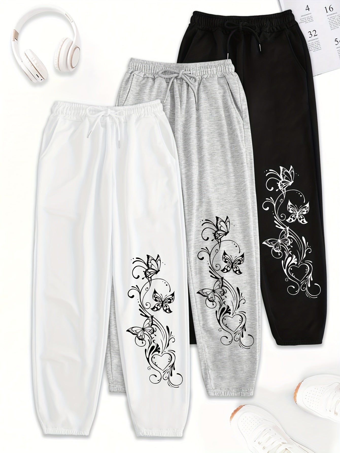 Women's 3-Pack Polyester Drawstring Sweatpants with Pockets - Loose Fit Casual All-Season Knit Joggers with Floral Print Detail