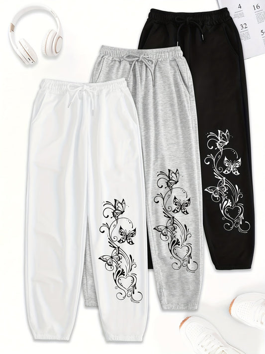 Women's 3-Pack Polyester Drawstring Sweatpants with Pockets - Loose Fit Casual All-Season Knit Joggers with Floral Print Detail