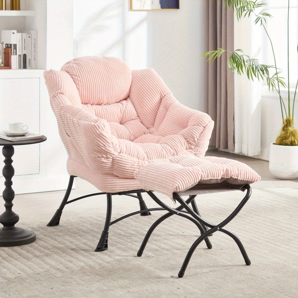 Modern Lazy Chair with Ottoman, Upholstered Lounge Accent Chair with Armrests and Side Pocket, Leisure Sofa Reading Chair with Footrest for Small Space, Corner Chair