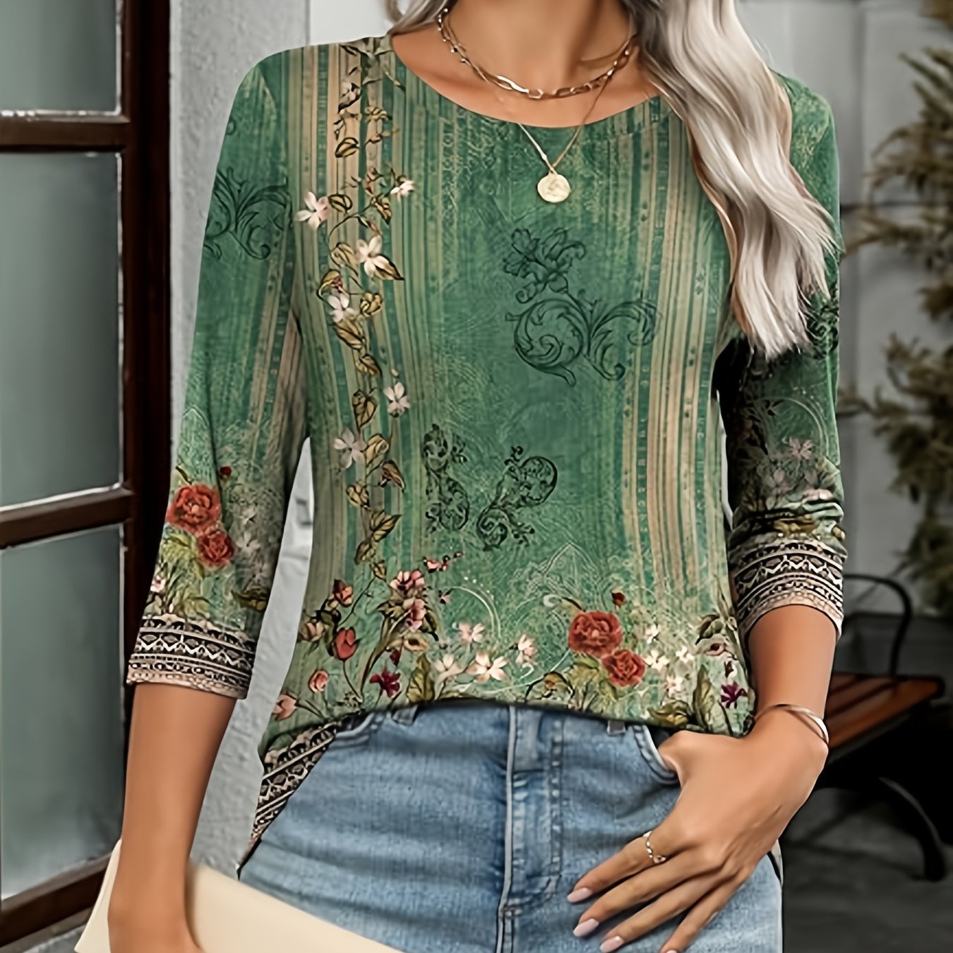 Women'S Casual Three-quarter Sleeve Top Round Neck Casual Printed T-shirt