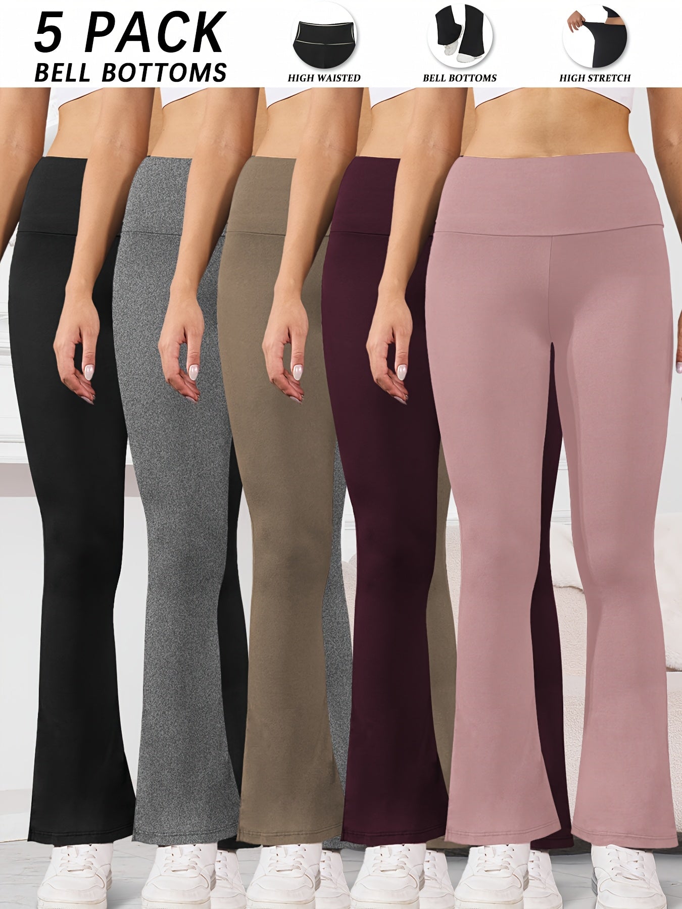 5pcs Women's Ultra-Soft High-Waist Flare Leggings - Tummy Control, Stretchy Bootcut Pants for Cycling & Sports, Available in 2 Colors