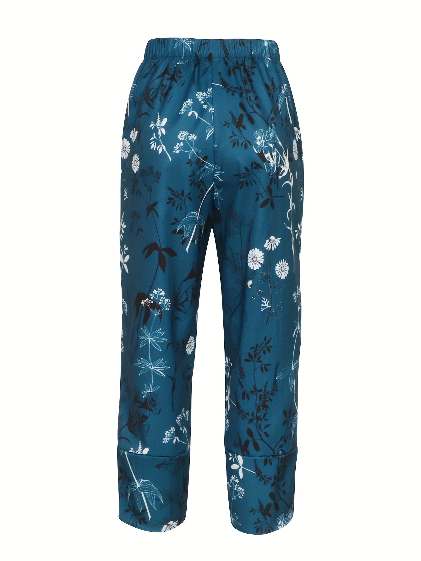 Women'S Navy Blue Floral Print Cropped Pants with Elastic Waistband and Side Pockets - Casual, Comfortable, and Stylish for Vacation or Casual Attire, Vacation Pants | Relaxed Fit Trousers | Polyester Fabric