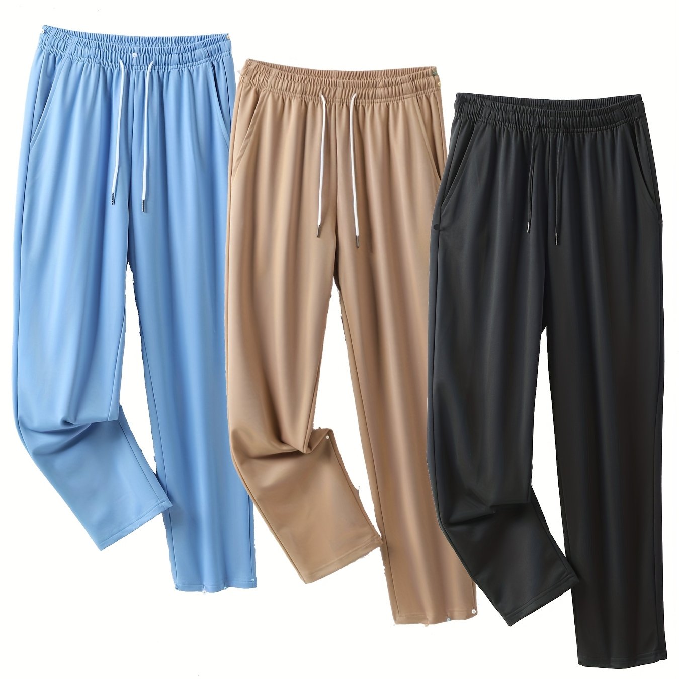 3pcs Women's Summer Casual Pants - Quick-Dry Breathable Polyester-Spandex Blend, Elastic Drawstring Waist with Side Pockets, Solid Color Running Workout Leggings, Smooth Texture Fabric for & Casual Wear, Clothes, Flattering F