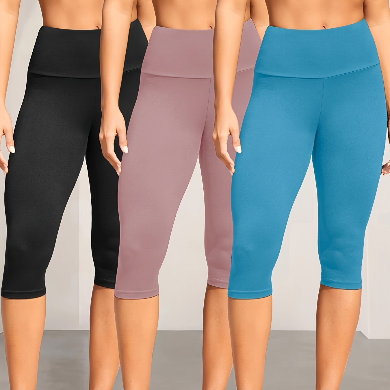 3-Pack Women's High Waisted Tummy Control Yoga Capri Pants - Super Soft Non-See Through Workout Leggings, High-Elasticity Machine Washable Solid Color for Running, Gym & Casual Wear (Spring/Summer/Fall)