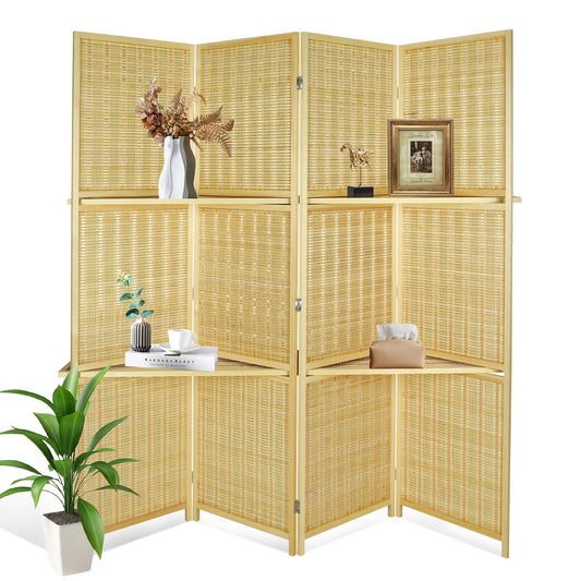 Room Divider With Shelves, Bamboo Room Divider 4 Panel, Folding Screen, Room Dividers And Folding Privacy Screen, Portable Room Divider Screen For Home Office Studio Apartment Garage