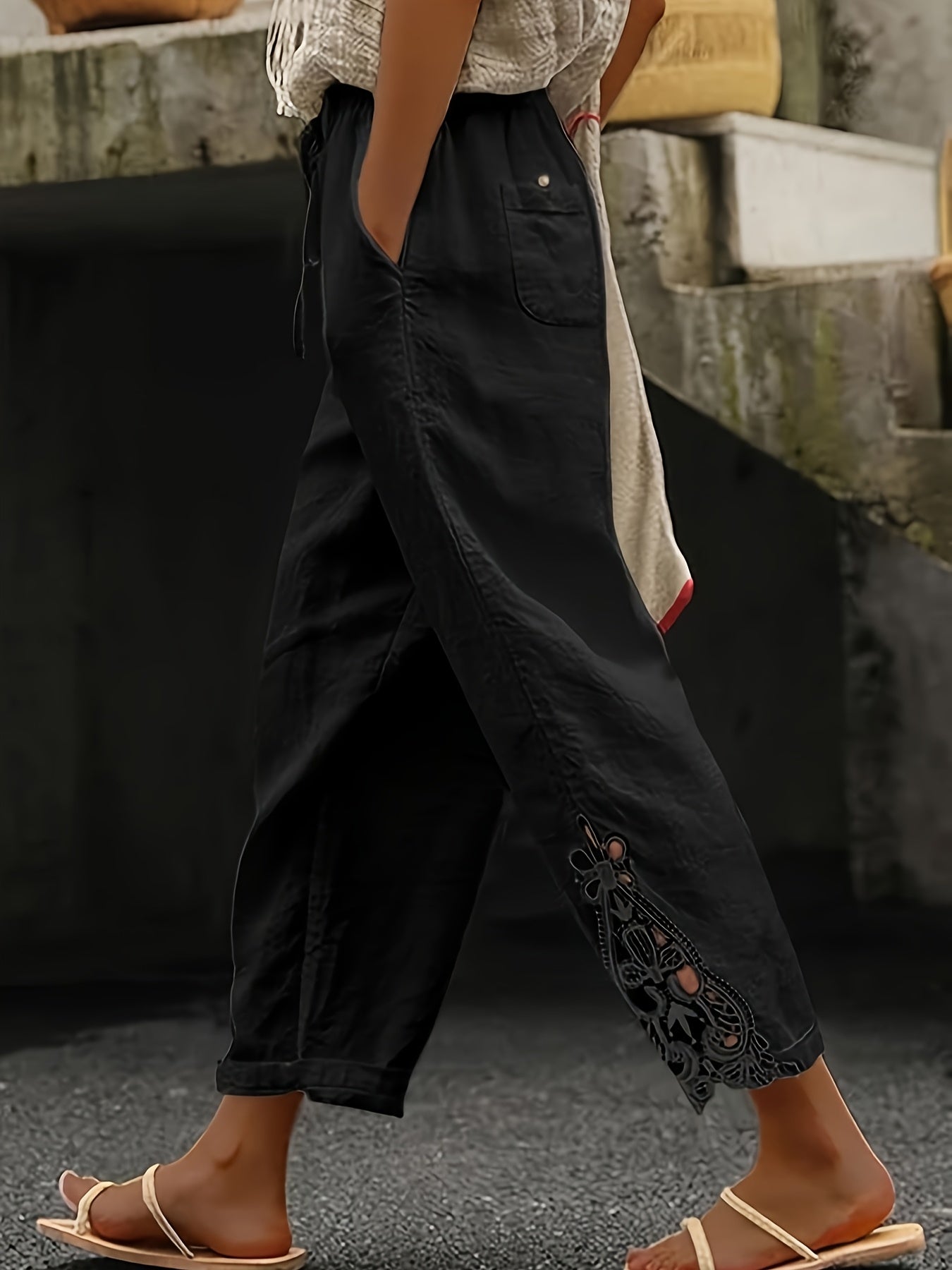 Women'S Casual Fashion Trousers - With Pockets, Waist Drawstring Design, Lace Stitching Design On The Trouser Legs, Suitable For Daily Commuting, Casual Outings, Vacation Travel, Spring, Summer And Autumn Trousers