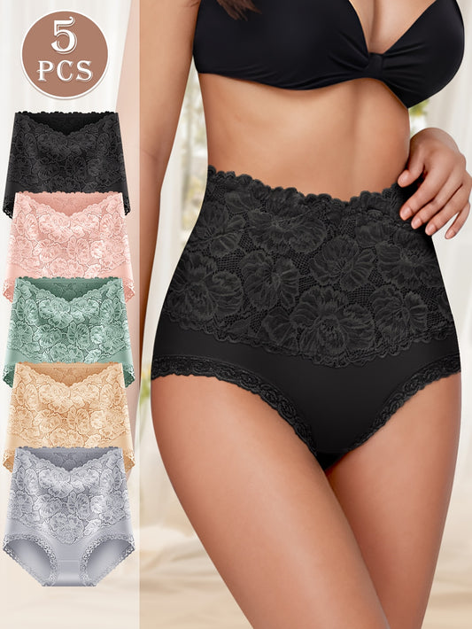5pcs Women's High Waist Lace Trim Briefs - Elegant, Sexy & Comfortable Daily Wear, Light Tummy Control, Breathable Blend, Assorted Colors (Black, Pink, Floral, Gray, Beige), Lace Panties