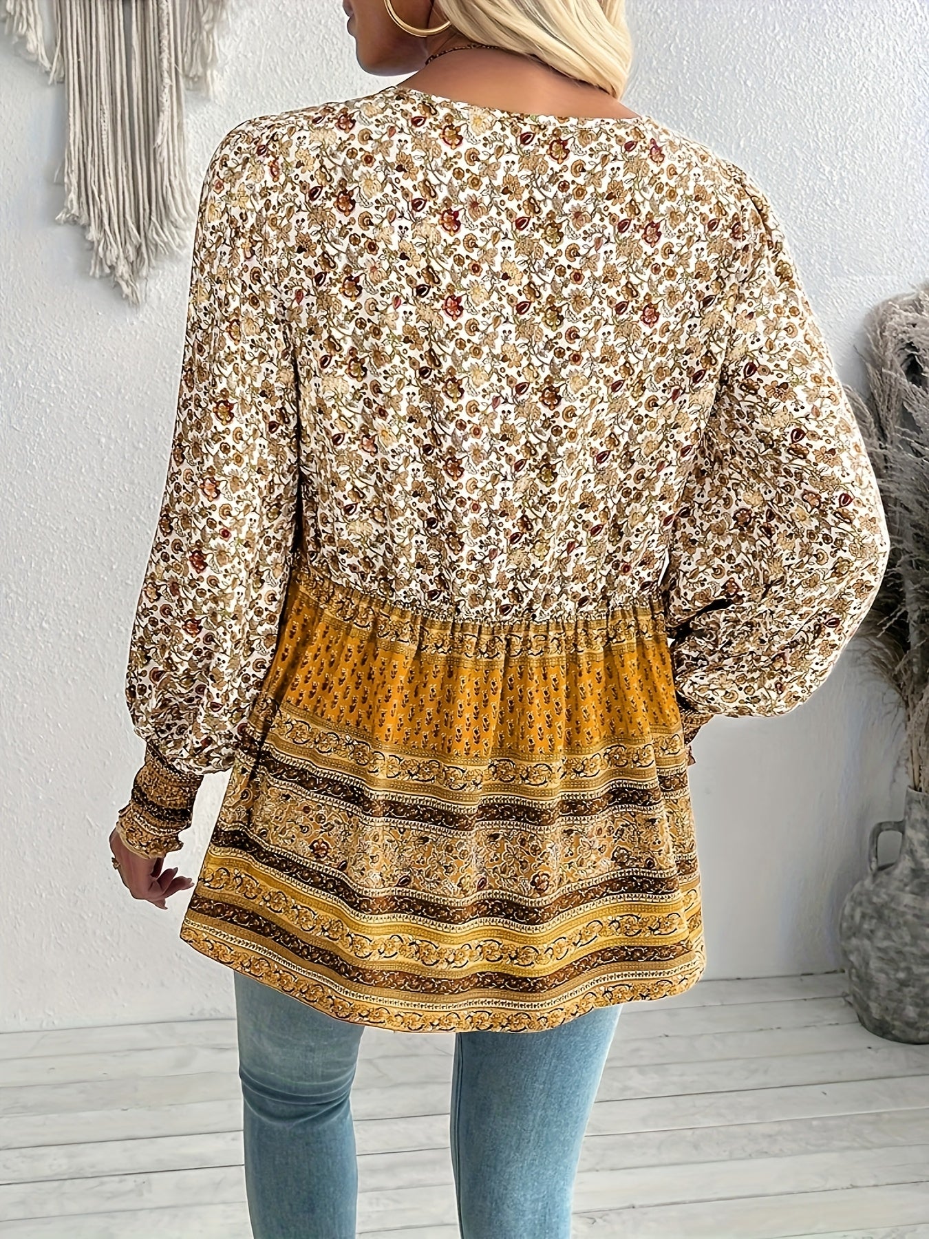ZAFUL Casual Loose Fit Floral Blouse - Lightweight V-Neck Long Sleeve Shirt For Women, Button Boho Top With Puff Sleeves For Everyday Wear