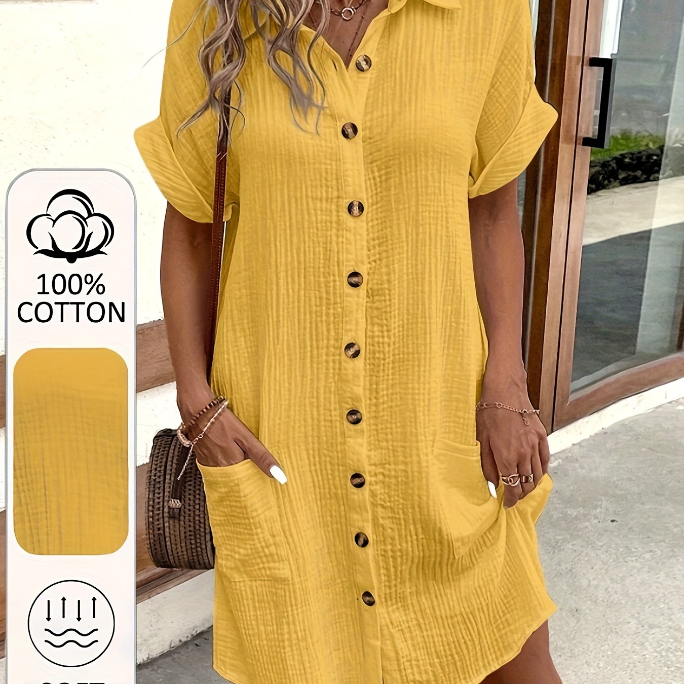 100% V-Neck Blouse Dress for Women - Light Blue Casual Shirt Dress with Button Details, Short Sleeves, and Collar, Machine Washable, All-Season Comfort, Allseason Dress | Vneck Dress | Button Detailing