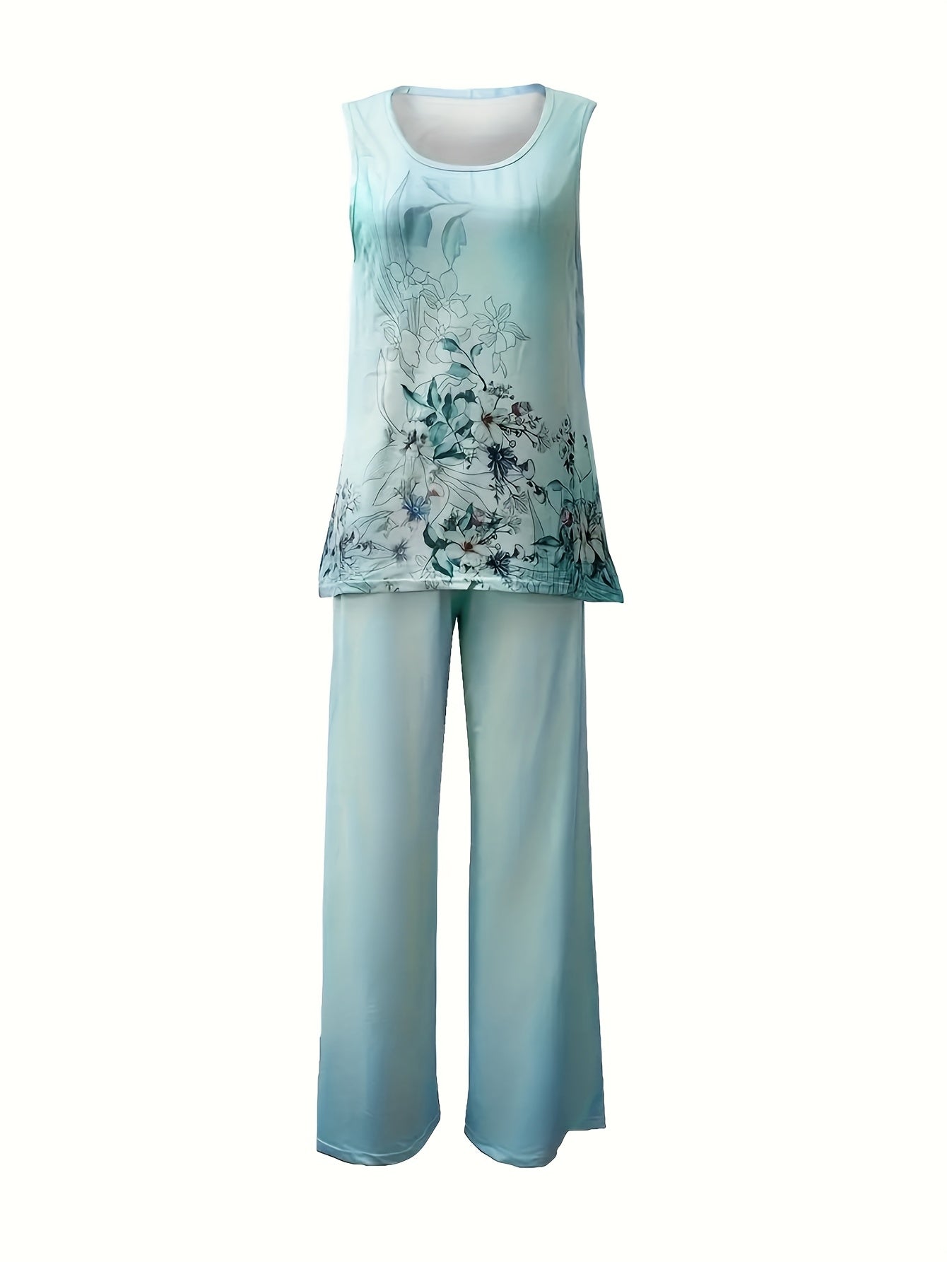 Women'S Elegant Floral Print Sleeveless Tank Top & Loose Pants Set - Light Blue, Round Neck, Straight Leg, Polyester Blend, Perfect for Spring/Summer, Casual Attire|Floral Print Top|Polyester Fabric