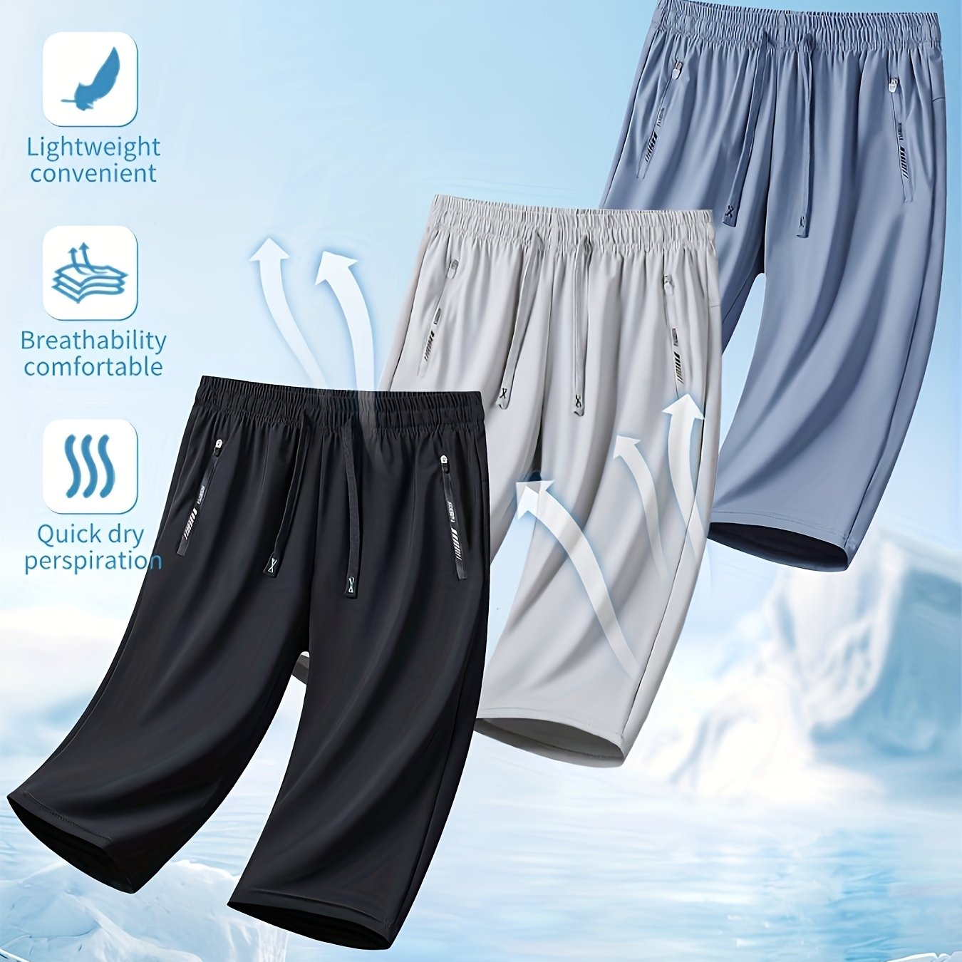 Three Pairs Of Summer Women's Shorts, Women's Solid Color 3/4 Pants, Elastic Drawstring At The Waist, Diagonal Zipper Pocket, Nylon And Spandex Medium-elastic Fabric Pants, Ice Silky Quick-drying Sports Pants, Women's Pants