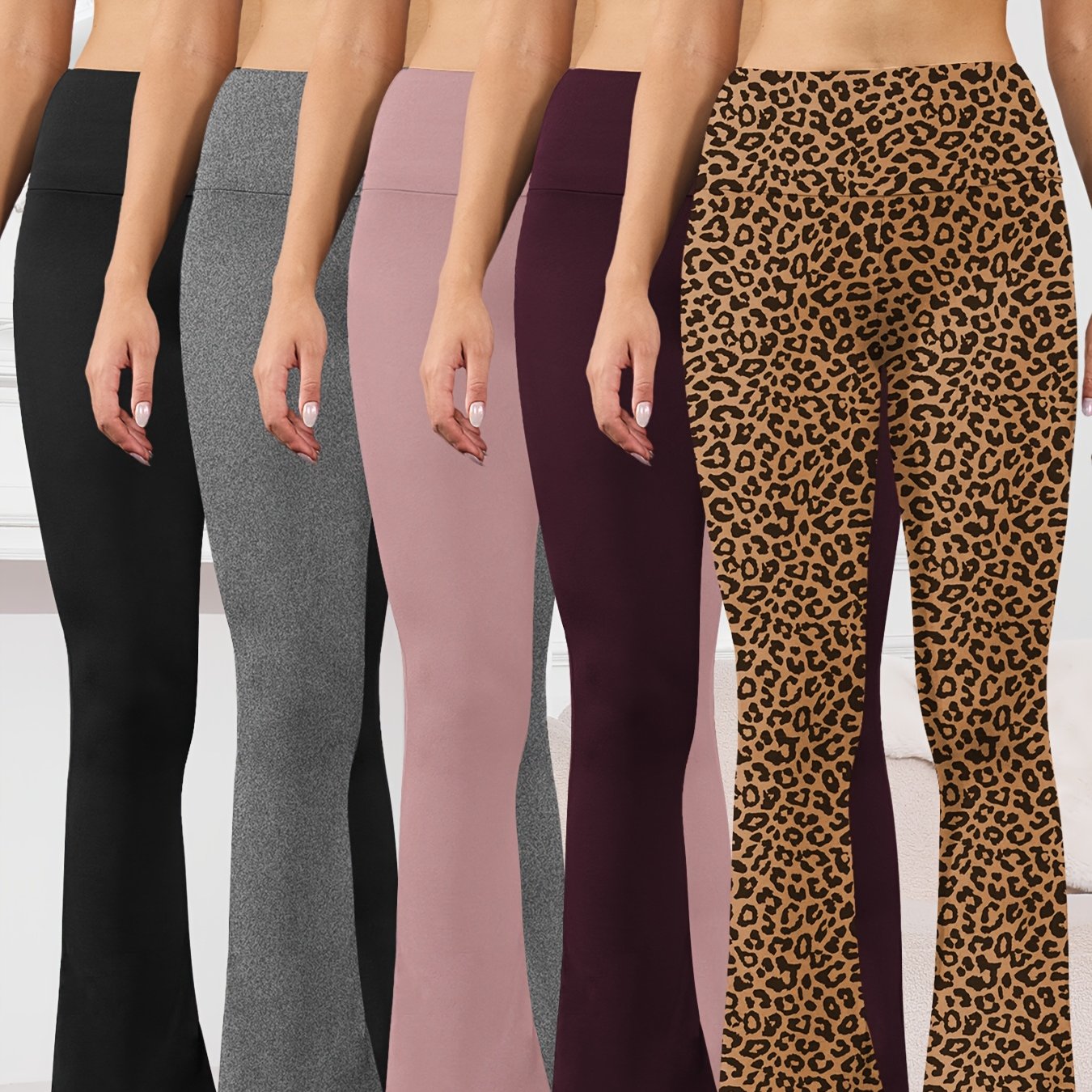 5pcs Women's Ultra-Soft High-Waist Flare Leggings - Tummy Control, Stretchy Bootcut Pants for Cycling & Sports, Available in 2 Colors