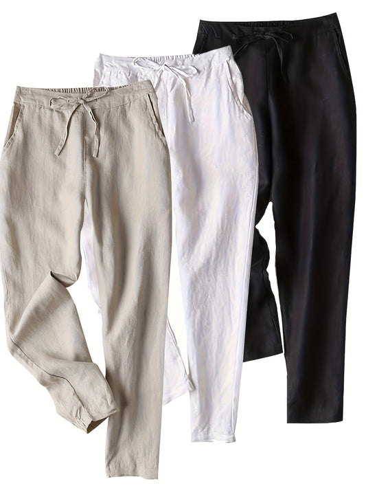 3pcs Linen Pants Women'S Summer Casual High Waist Drawstring White Beach Pants
