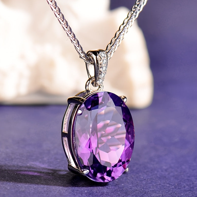 925 Silvery Natural Amethyst Pendant, with 925 Silvery Necklace, Suitable for Women, Simple and Elegant, Exquisite and Fashionable Necklace, Elegant, Temperament, High-end, Holiday Gift, Valentine'S Day Gift, Mother'S Day Gif