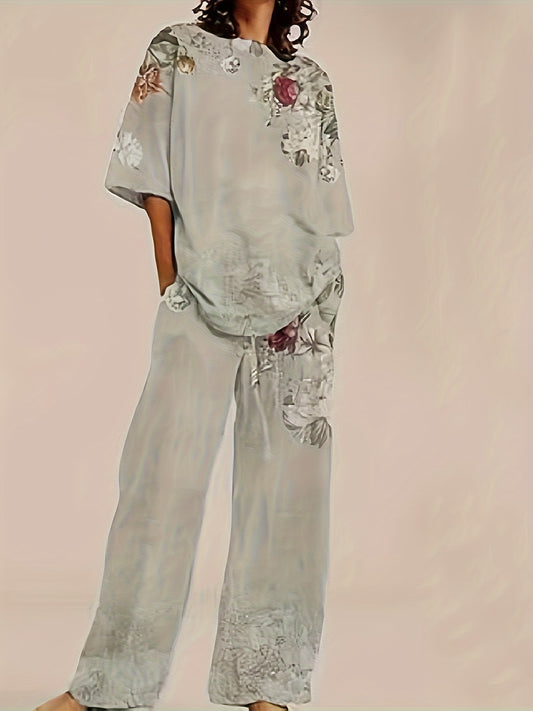 Vintage Floral Print Pants Set, Crew Neck Half Sleeve Top & Straight Leg Loose Pants, Women'S Clothing