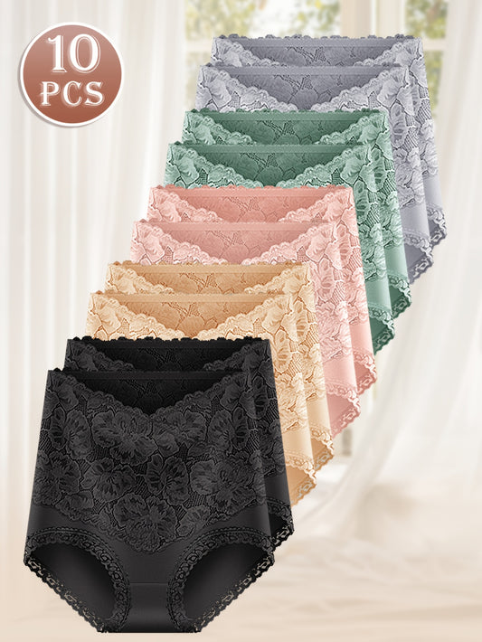 10Pack MIOTAN Elegant Lace Panties - High-Waisted Tummy Control, Cotton BlendKnit Fabric, Full Coverage Comfort Fit, Soft And Breathable, Everyday Wear SolidColors, Classic Brief Style