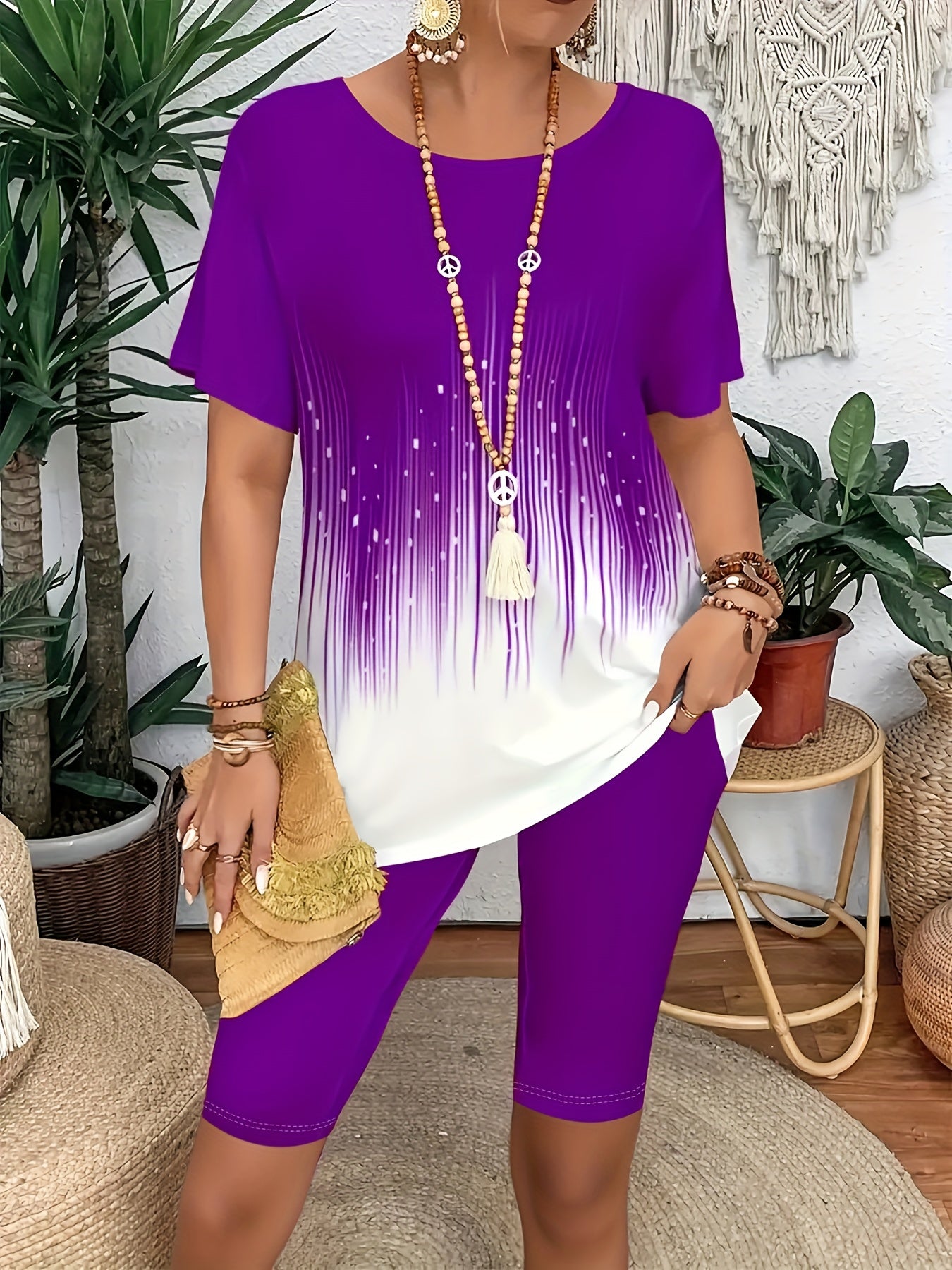 Women's Fashion Casual Breathable Short Sleeve Two-Piece Set, Colorful Striped Print, Five-Quarter Stretch Leggings, Suitable for Daily Commute, Leisure Wear, Travel Vacation, Casual Wear, Daily Outfit, Trendy Fashion, Colorf
