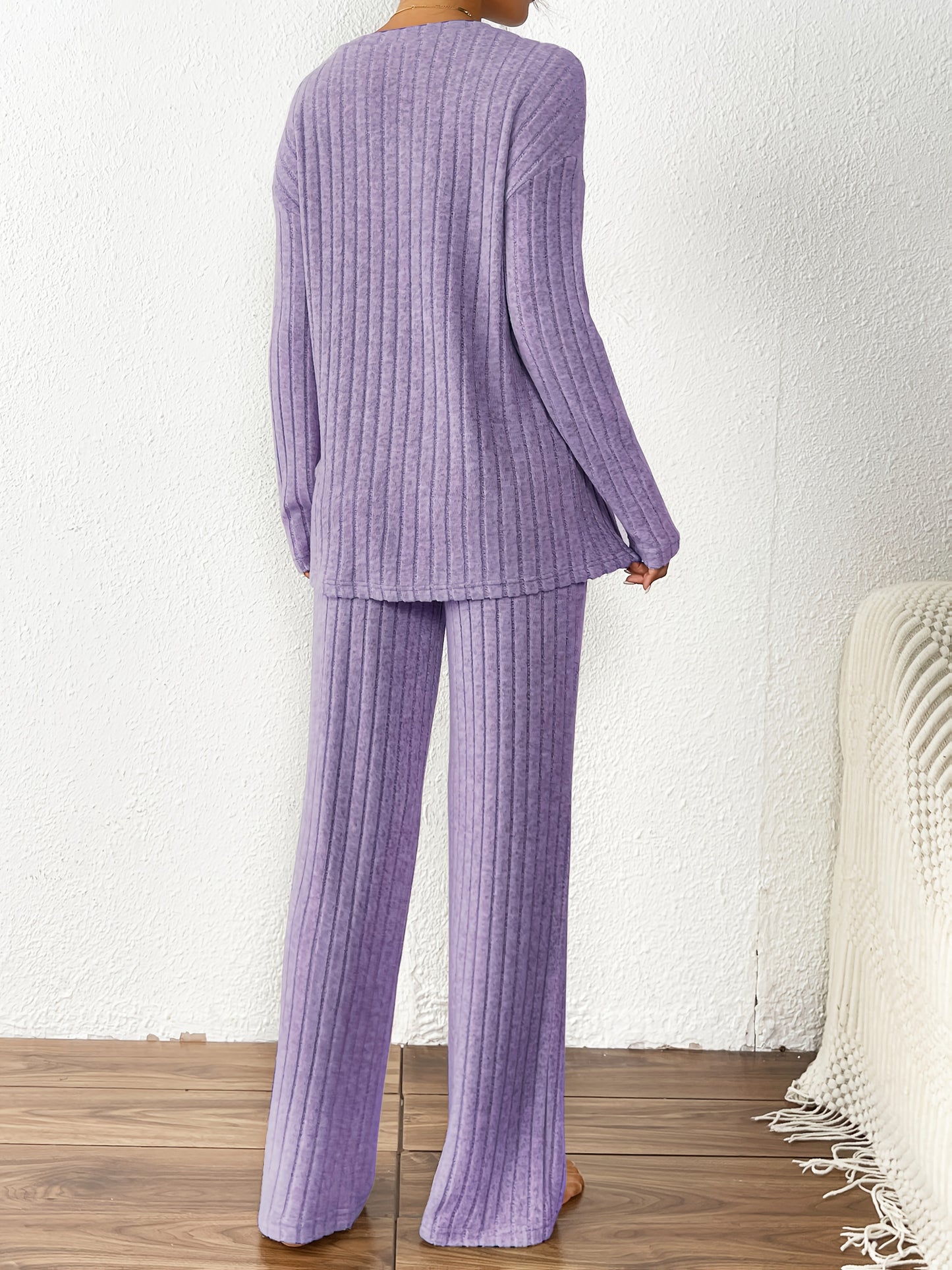 Cozy Ribbed V-Neck Top & Wide-Leg Pants Set - Soft Purple, Long Sleeve, Loose Fit, Perfect for Fall/Winter, Casual Wear|Vneck Top|Ribbed Texture