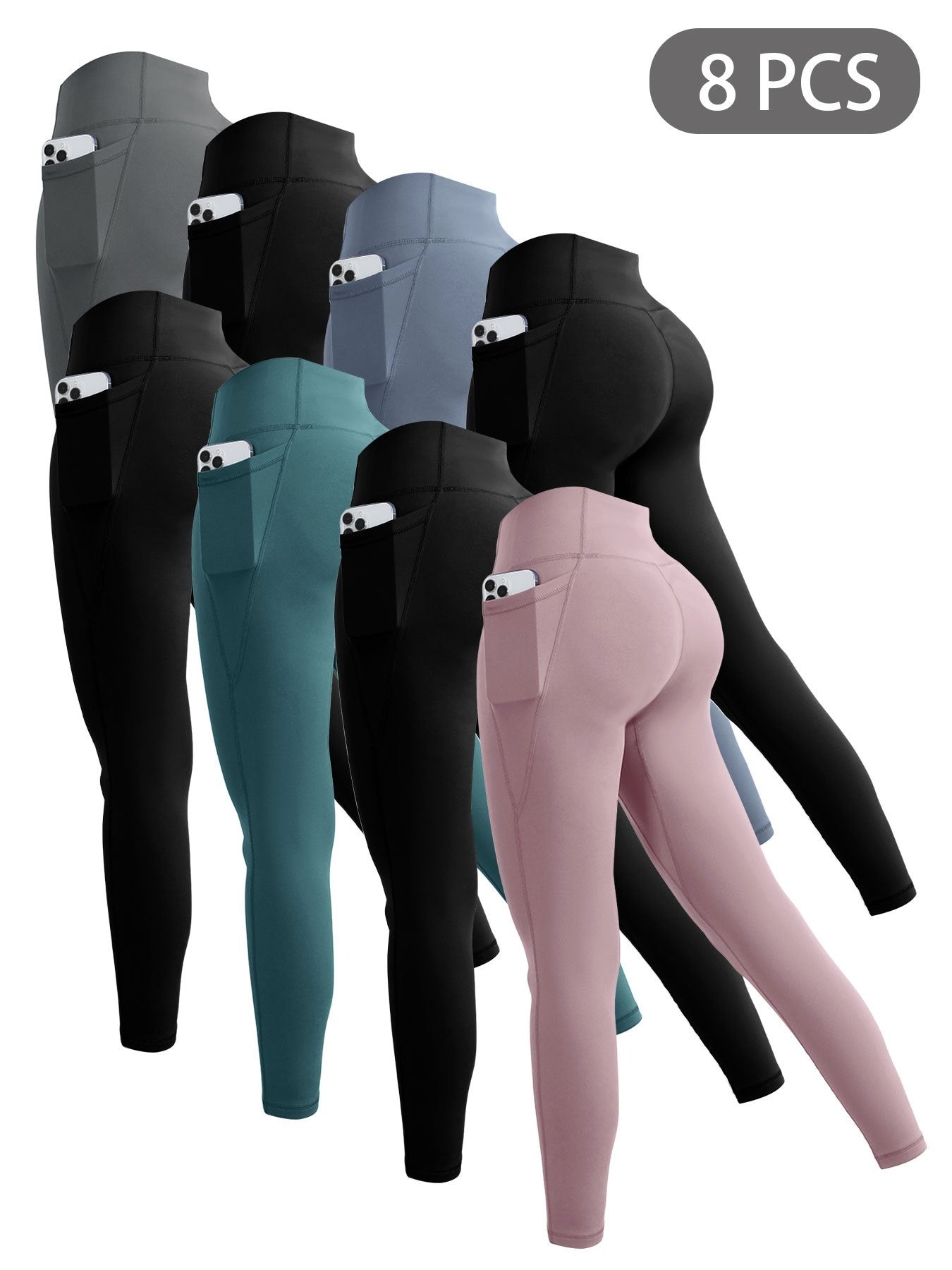8pcs Set Women's High Waisted Yoga Leggings - Full-Length & 3/4 Length Options, High-Stretch Spandex Light Beige-Friendly Workout Pants with Pockets, All-Season Gym & Casual Athletic Wear (Multi-Color Options: Black, Navy, Gr
