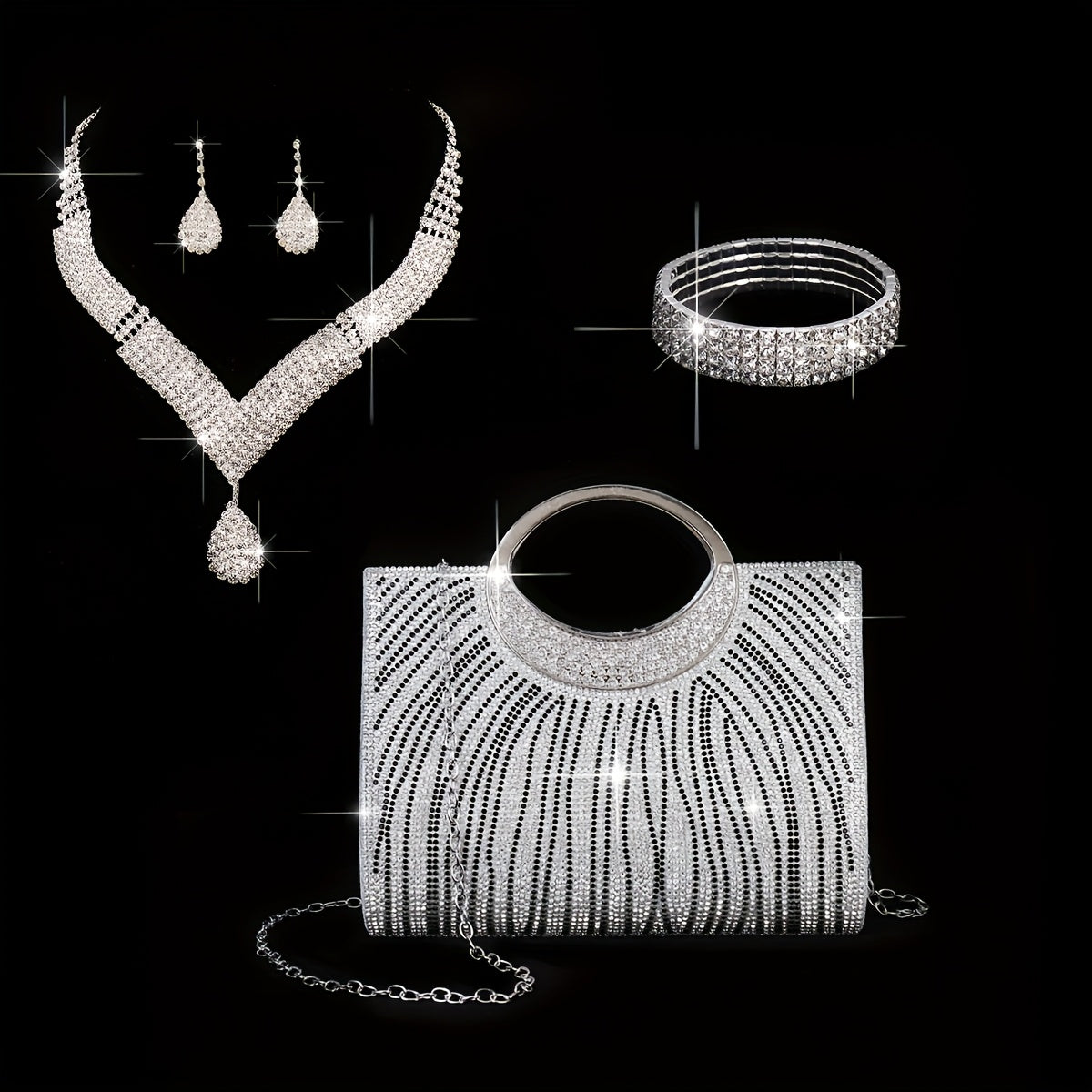 4pcs Set: Shiny Striped Ladies' Dinner Bag, Wedding Bridesmaid Bag, Evening Bag, Dress Bag, Shoulder Bag, Wedding Season Sparkling Necklace, Earrings, Bracelet Set - New Fashionable