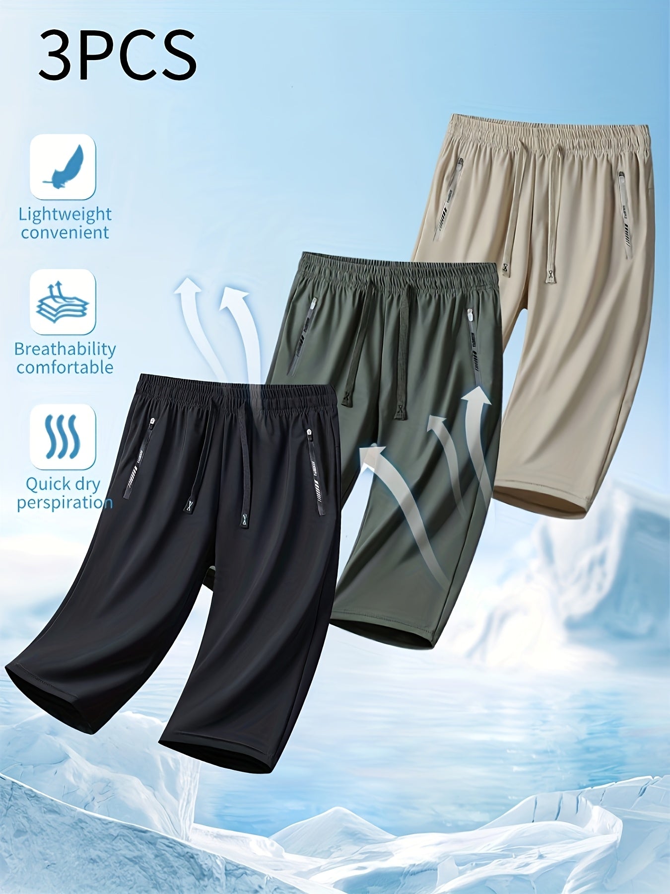 Three Pairs Of Summer Women's Shorts, Women's Solid Color 3/4 Pants, Elastic Drawstring At The Waist, Diagonal Zipper Pocket, Nylon And Spandex Medium-elastic Fabric Pants, Ice Silky Quick-drying Sports Pants, Women's Pants