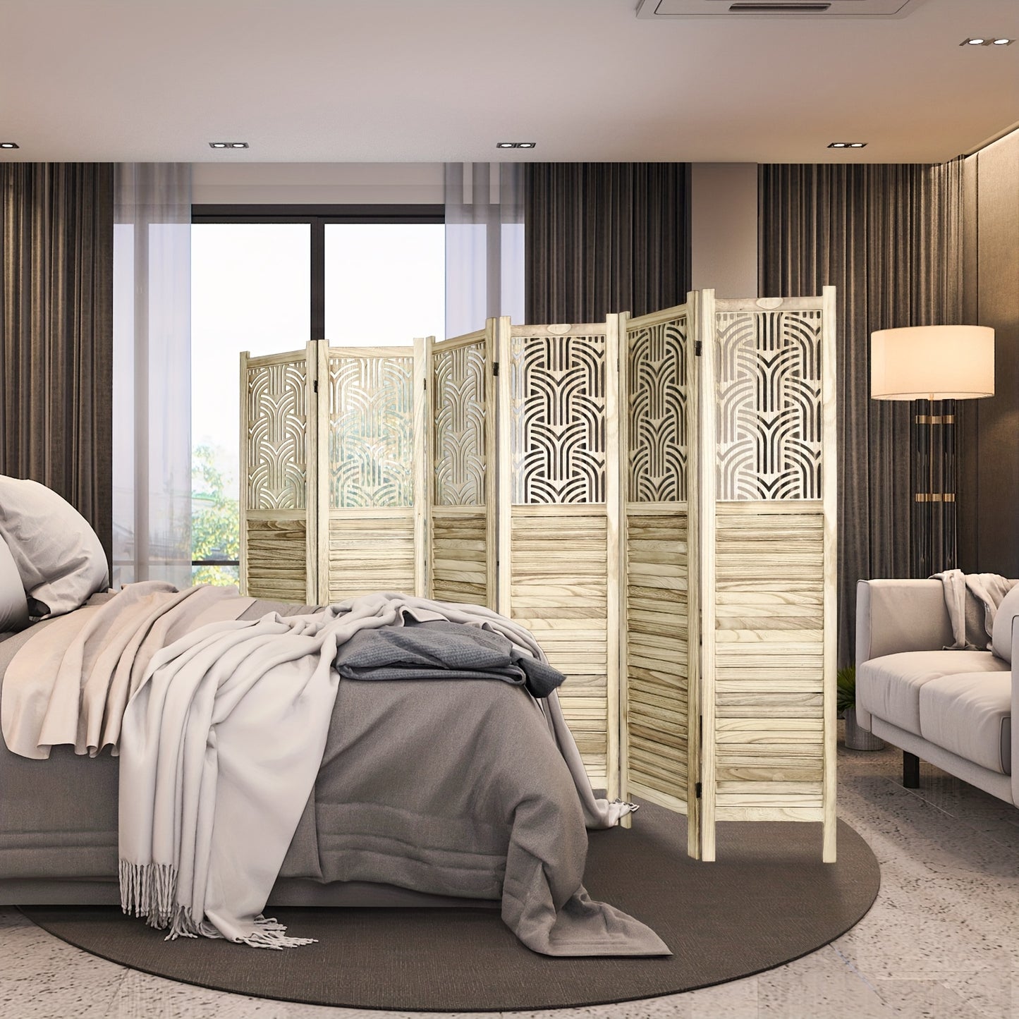 6-Panel Solid Hardwood Folding Room Divider Privacy Screen - 5.6ft Tall Freestanding Louvered Design with Natural Wood Finish, Rustic Farmhouse Style for Home Office Bedroom Restaurant