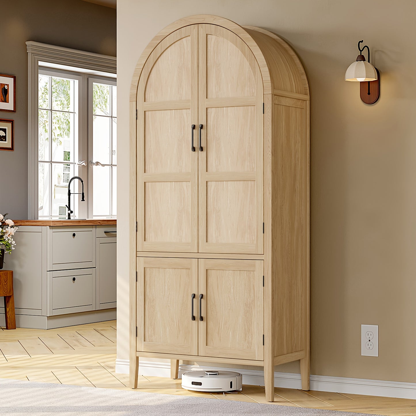 71 Inch Tall Arched Cabinet, 5 Tier Arched Kitchen Pantry Cabinet with Doors And Shelves, Modern Farmhouse Kitchen Storage Cabinet with Adjustable Feet for Living Room And Dining Room, Oak
