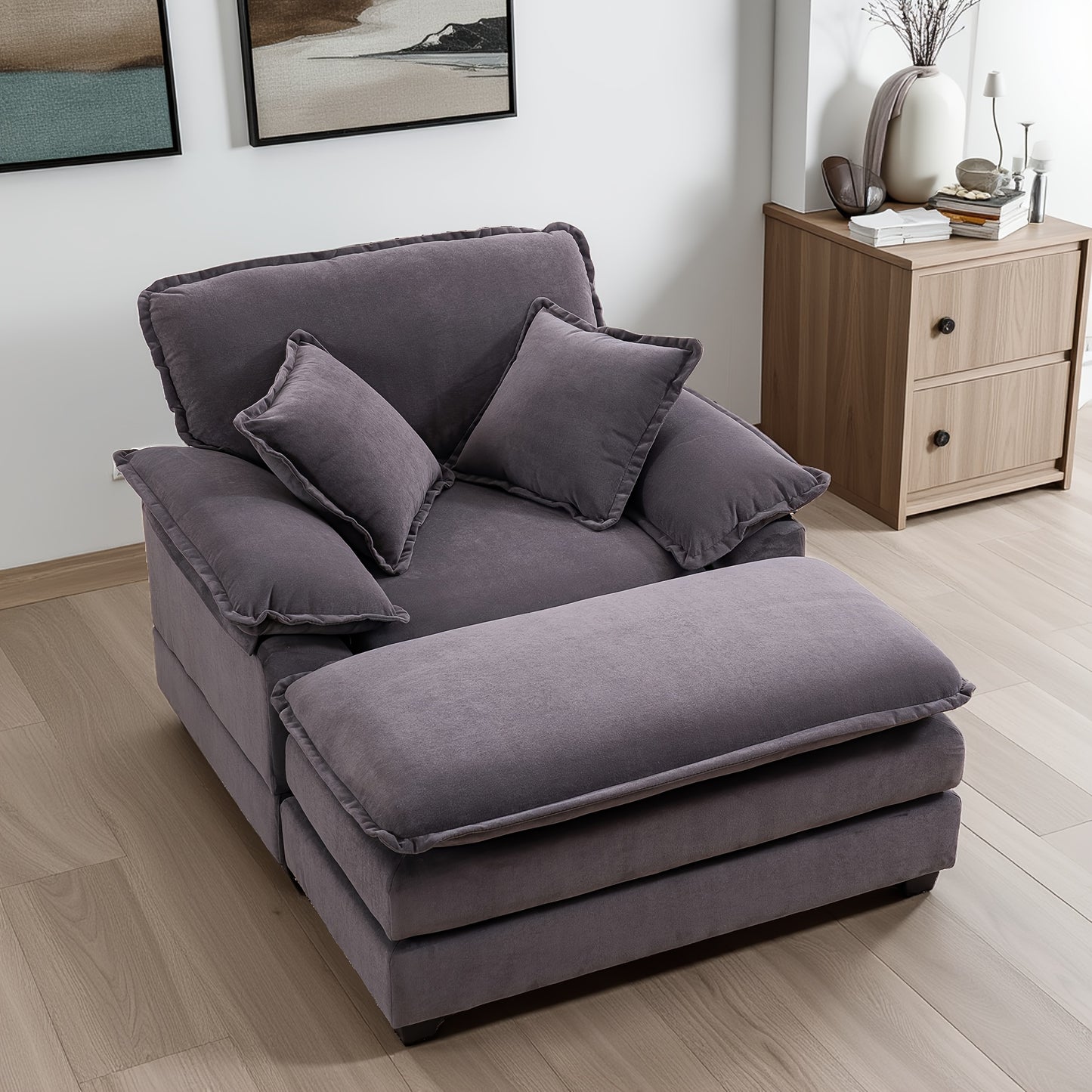 46.9 Inch Velvet Single Sofa with 2 Folding Pillows And An Ottoman, Comfort Sofa - Living Room Apartment Deep Seating Sofa, Upholstered Recliners