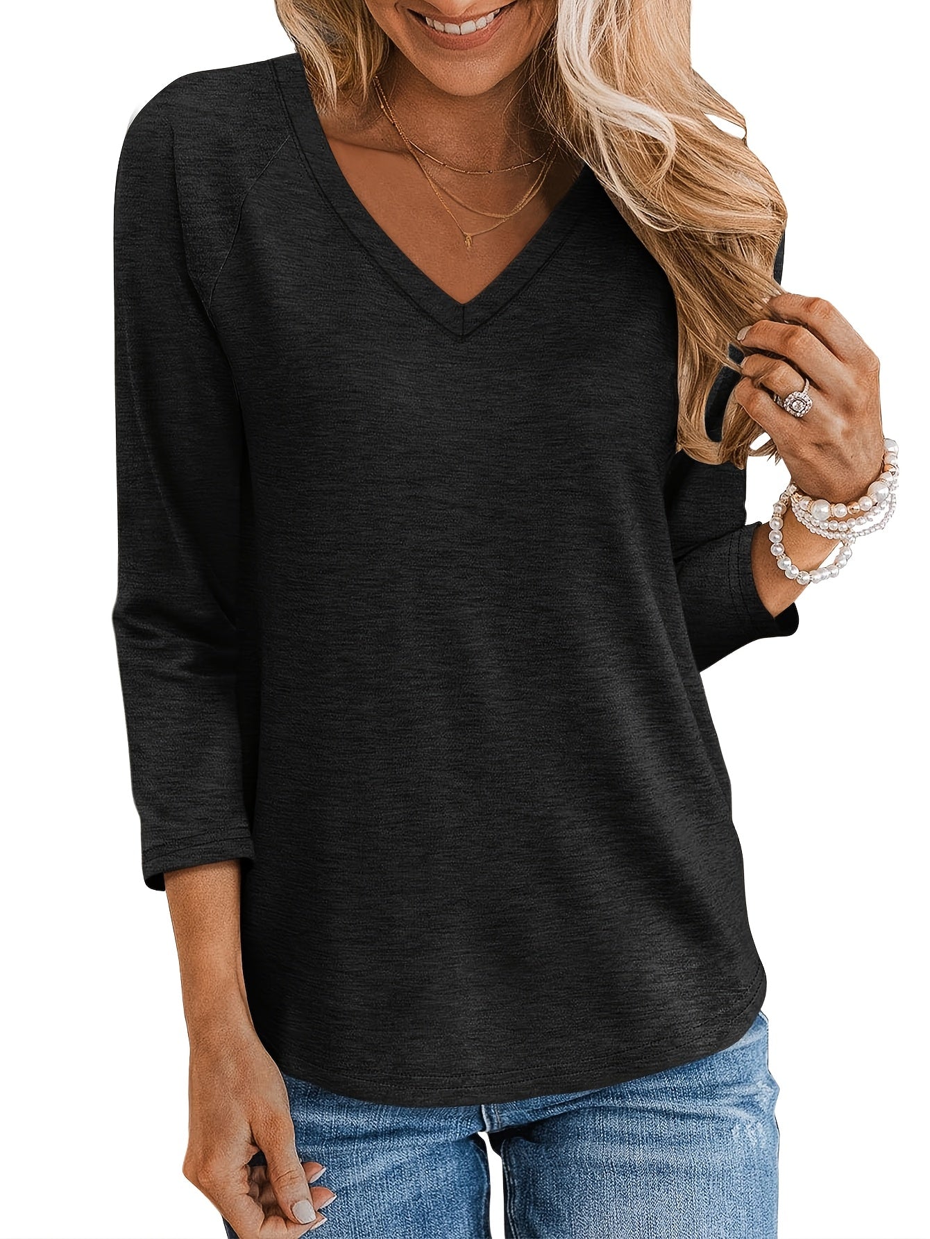 Three-piece Women'S 3/4 Long-sleeved Top, Fashionable Ladies' Casual Loose Shirt, V-neck T-shirt