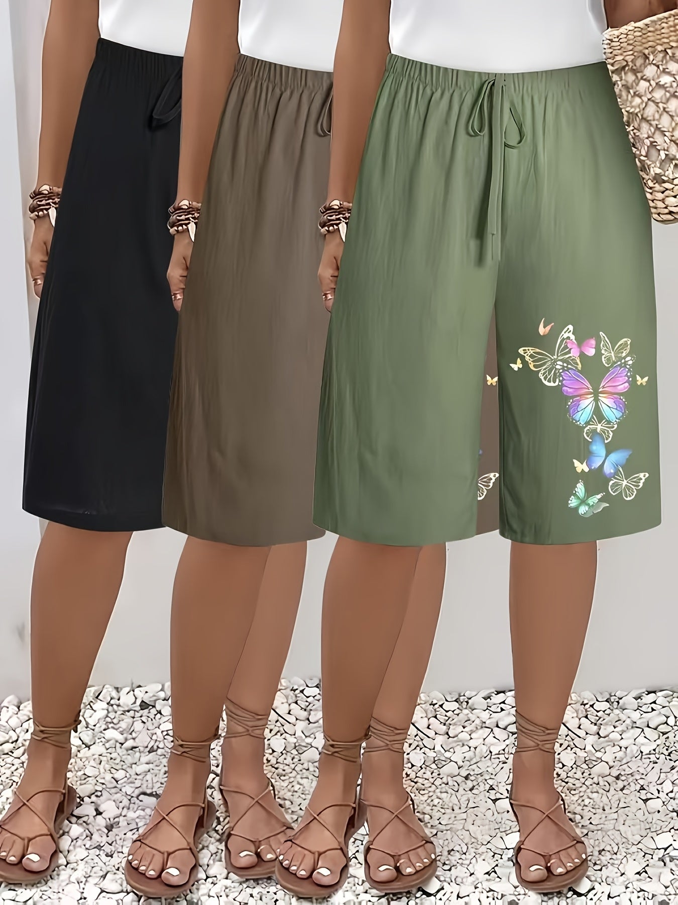 3pcs Women'S High-Waist Summer Shorts - Casual Loose Fit, Non-Stretch Fabric with Print Pattern, Fake Drawstring Detail, Ideal for Spring/Summer/Fall