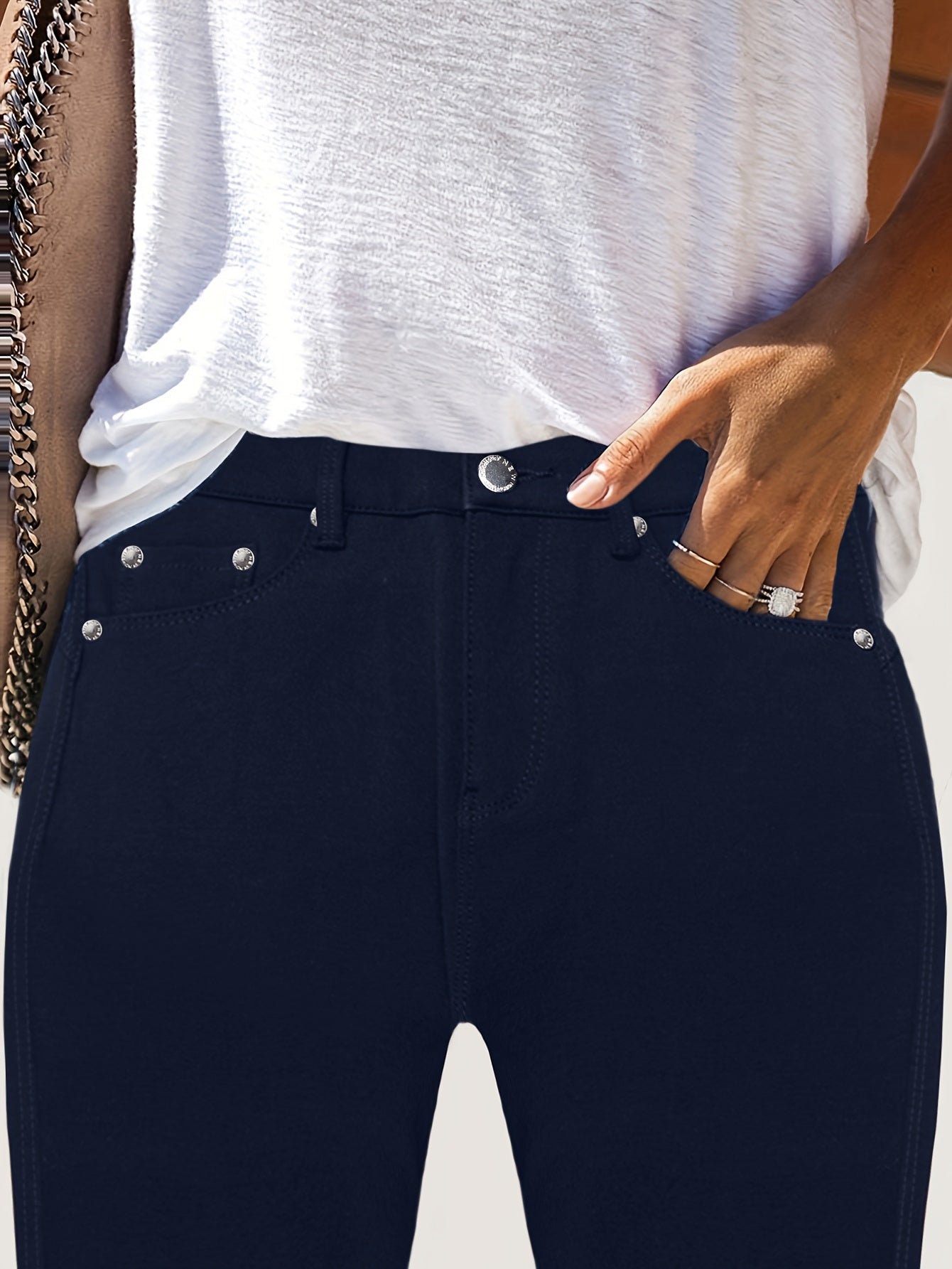 Women's High-Waisted Stretchy Street Style Solid Black Slim-Fit Jeans with Metal Button Details