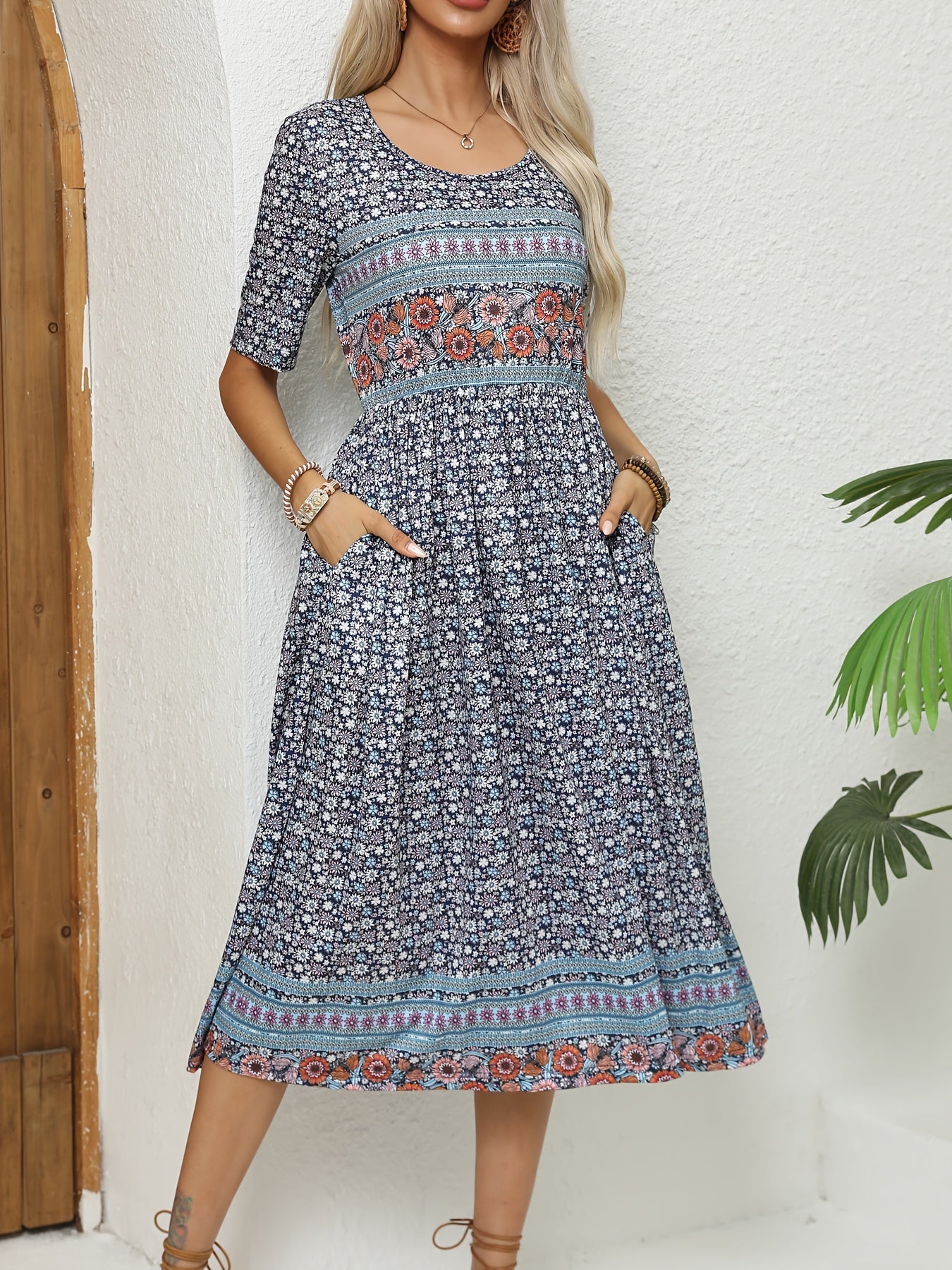 2025 Women'S Summer Floor-length Skirt Crewneck Short Sleeve Classic Paisley Print Skirt Casual Pleated Skirt With Pockets