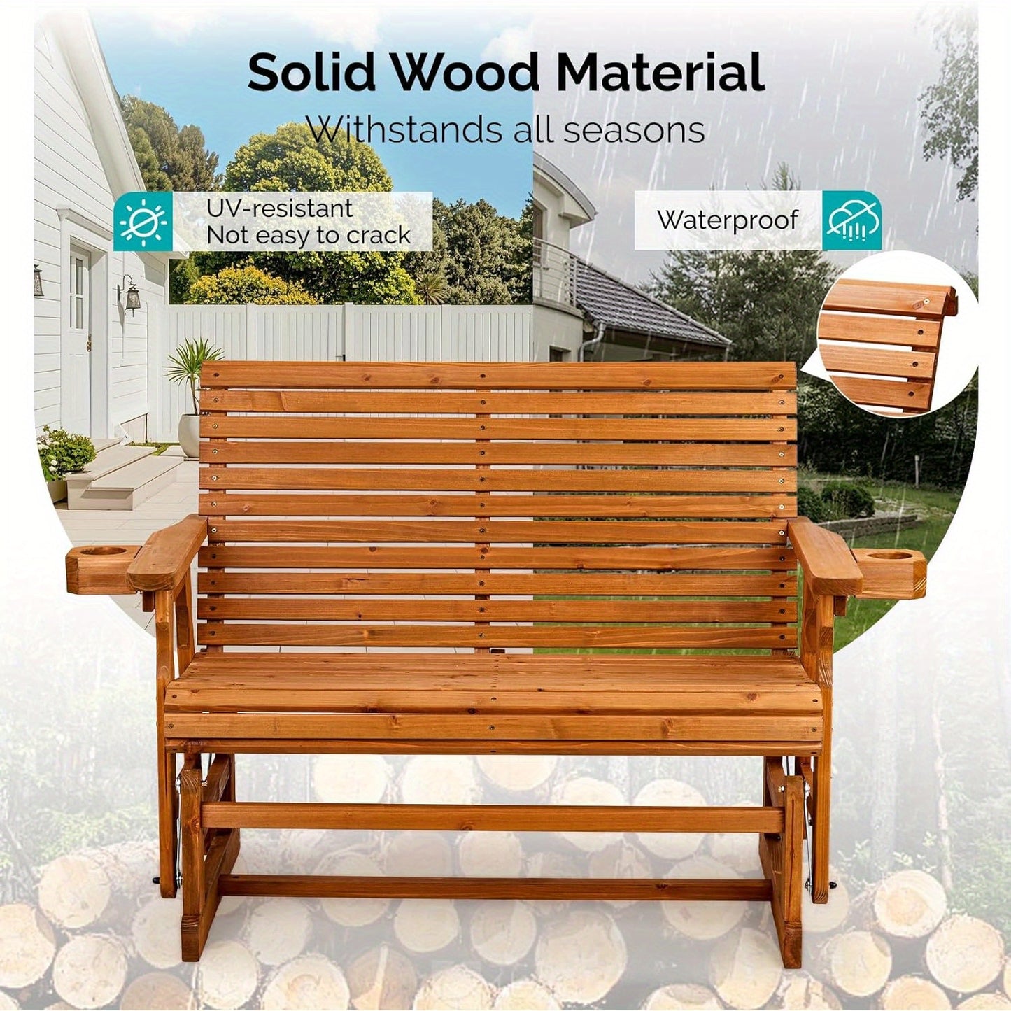 [Wood Patio Glider Bench] Heavy Duty 800 LBS Outdoor Glider Bench Wood Patio Glider with Cup Holders, Porch Glider Chair Outdoor Bench Glider Loveseat with Smooth Rocking Mechanism