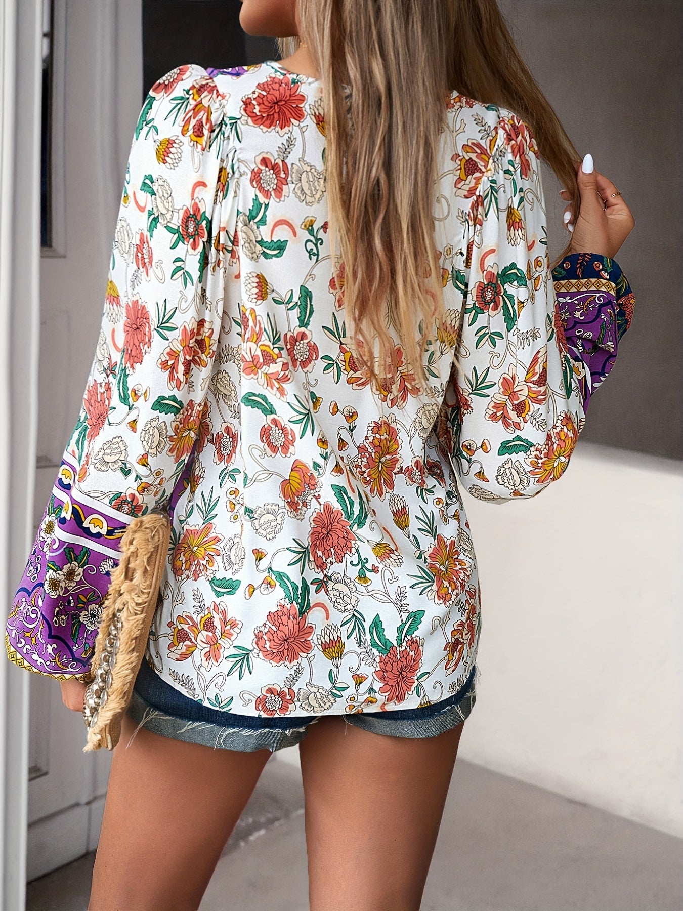 Boho Chic Floral V-Neck Blouse with Tie Detail - Long Sleeve, Casual Resort Wear for Women, Temperament, Fringed Shirt, Leisure Style, ALL/Global/All