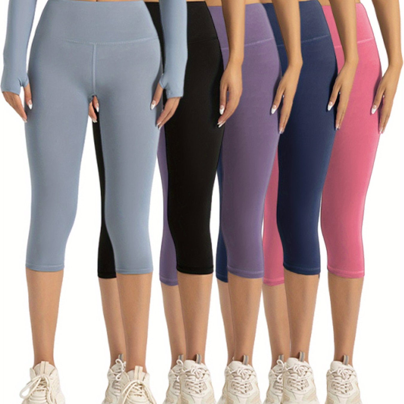 [Cloud-like Capri Pants] 5pcs Women's Capri Athletic Pants | Cloud-like Bare Light Beige Feel, 4-Way Stretch, Breathable, All-purpose for Yoga Running