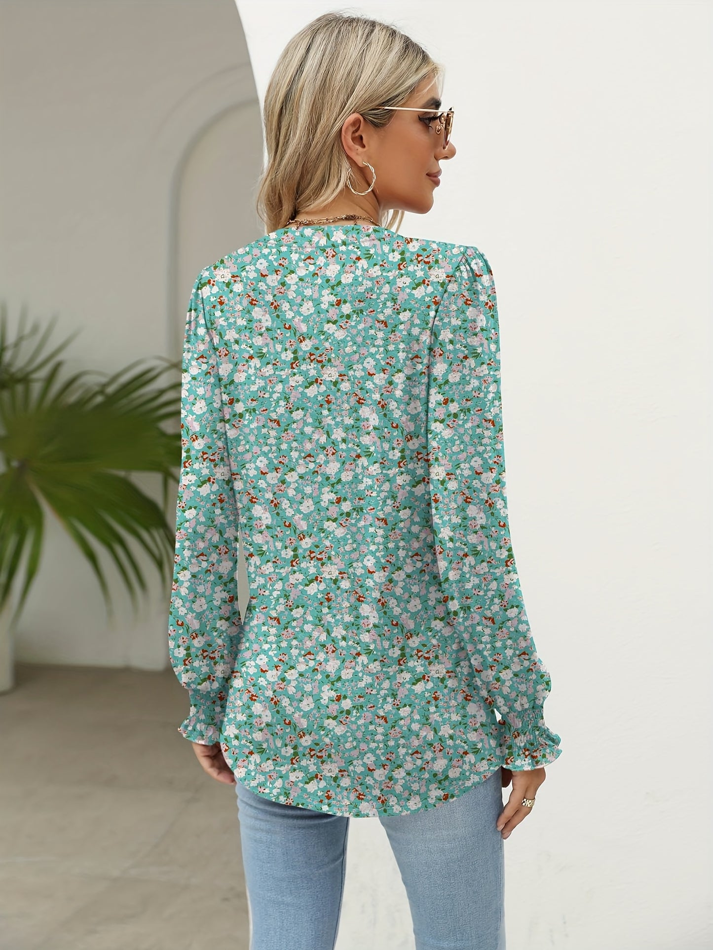 Women's Casual Floral Print Long Sleeve Top Pleated Waist Fashion Versatile Loose Pleated T-Shirt