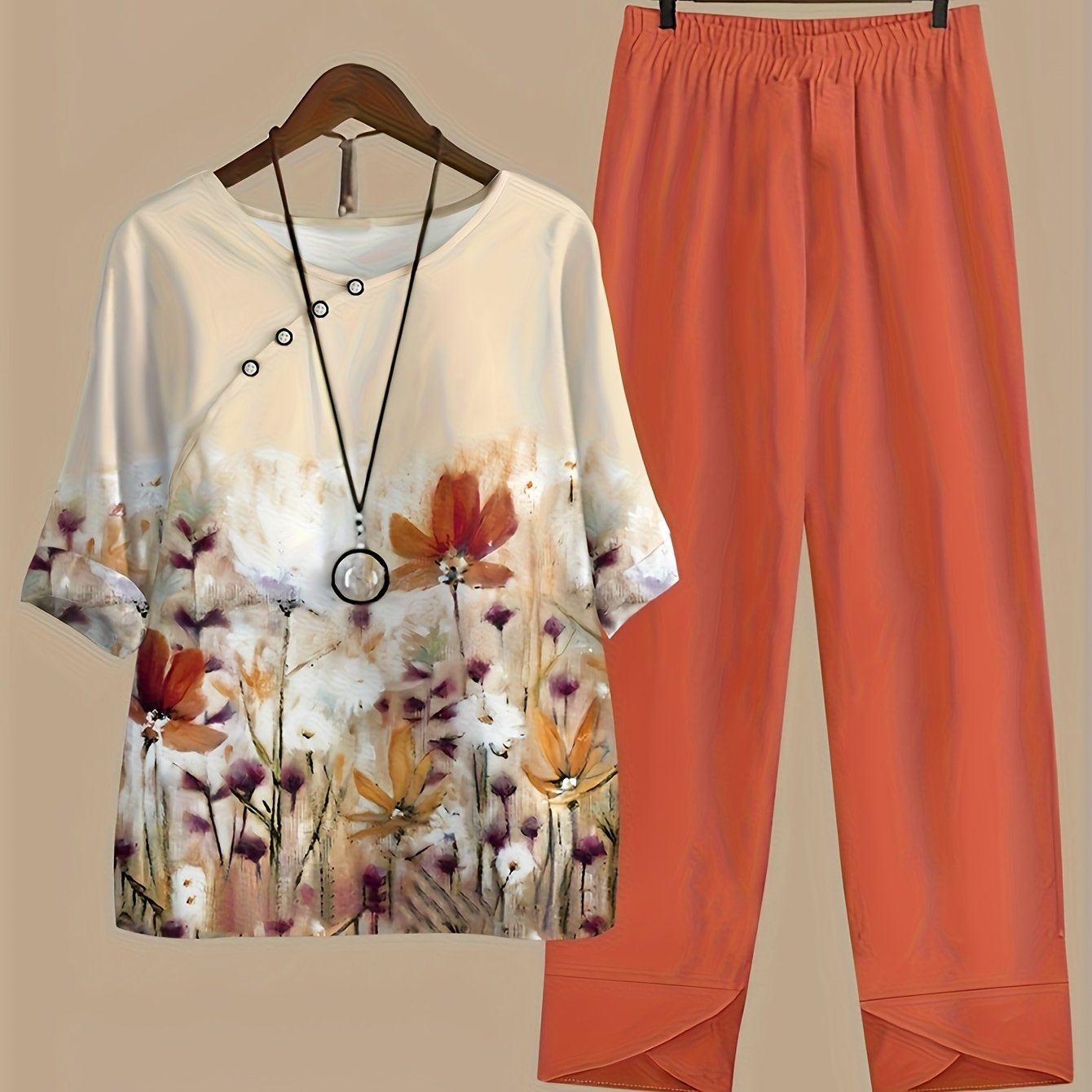 [Stylish Women's Casual Set] Stylish & Comfortable Women's Plant Digital Print Top and Pants Set | Casual, Elegant Style, Round Neck, Mid-Sleeve, Long Pants, Women's Casual Suit